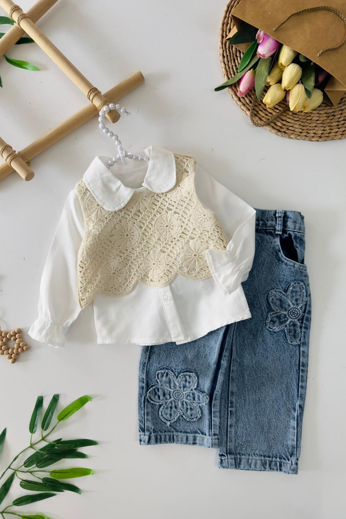 Miniğimin Cicileri Örgü Desenli 3 lü Papatya Kotlu Kız Çocuk Takım - Krem