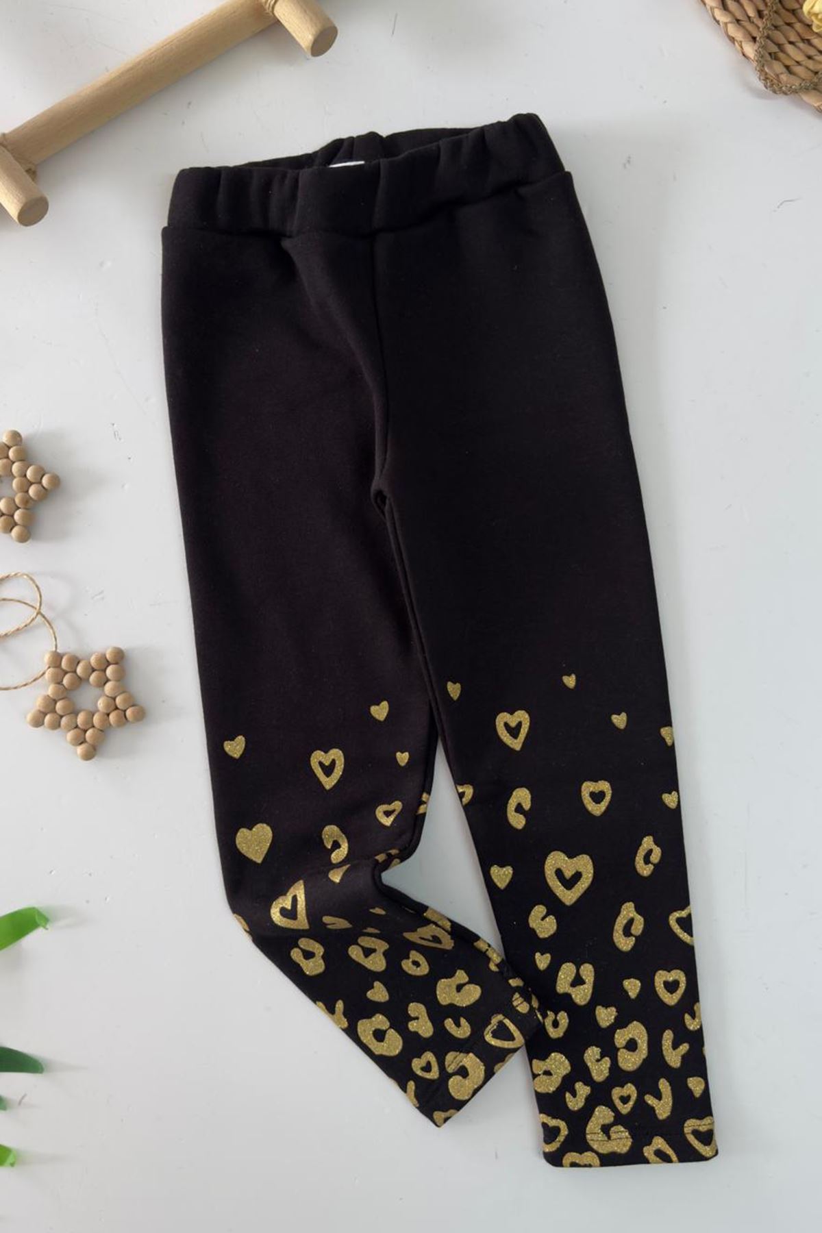 Miniğimin Cicileri Simli Kalp Desenli Şardonlu Kız Çocuk Tayt - Siyah
