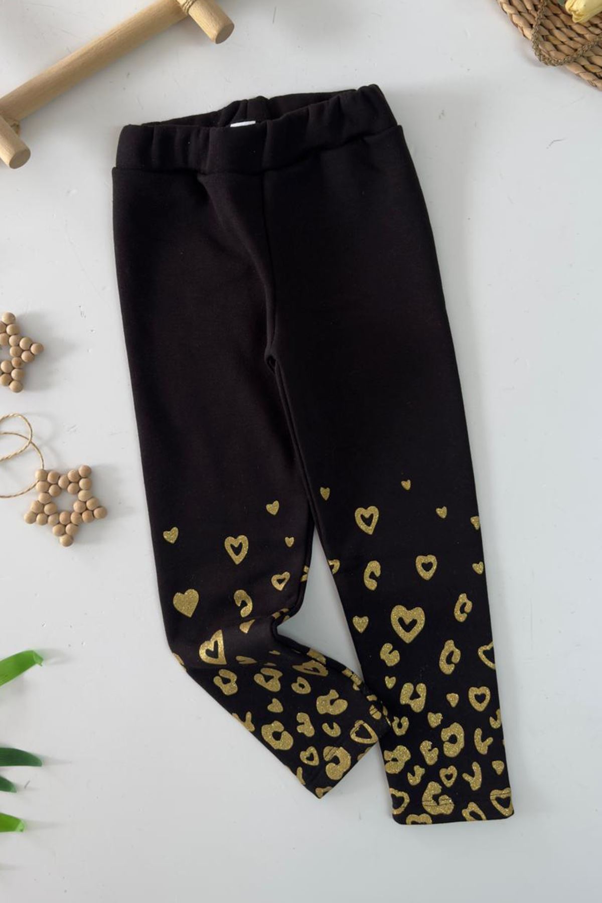 Miniğimin Cicileri Simli Kalp Desenli Şardonlu Kız Çocuk Tayt - Siyah