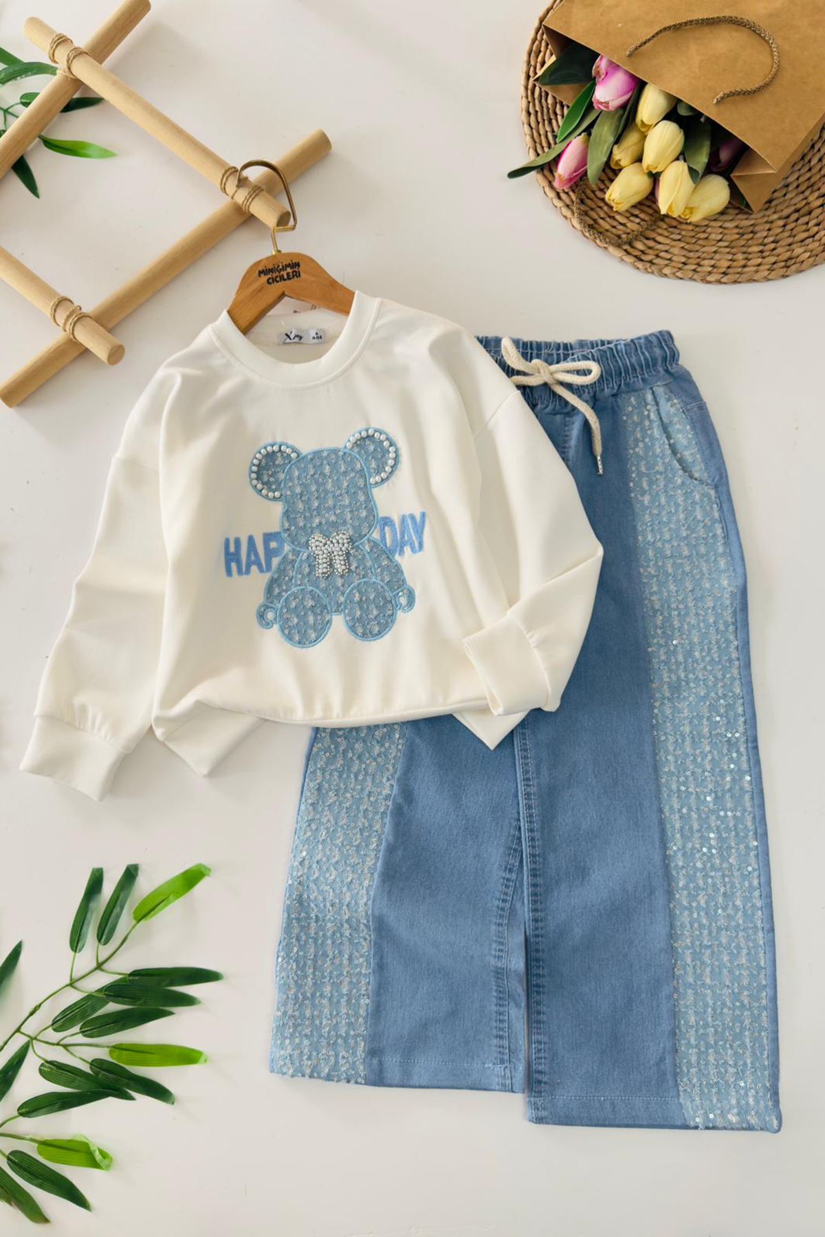 Miniğimin Cicileri Happy Day Pul Detaylı Kız Çocuk 2 li Takım - Mavi