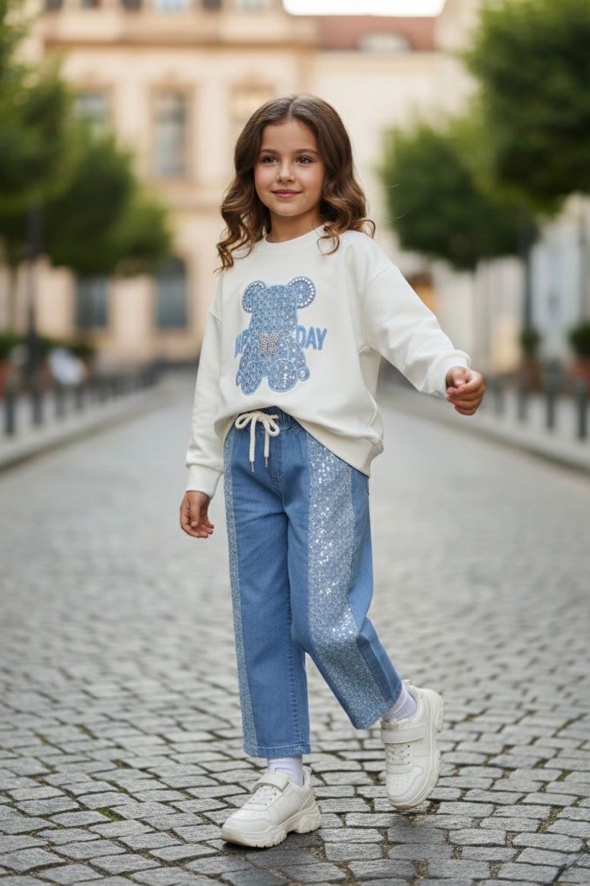 Miniğimin Cicileri Happy Day Pul Detaylı Kız Çocuk 2 li Takım - Mavi