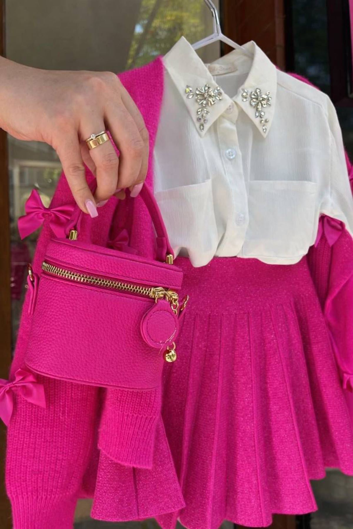 Miniğimin Cicileri Fiyonk Detaylı Triko Hırkalı 4 lü Kız Çocuk Lüx Set - Fuşya