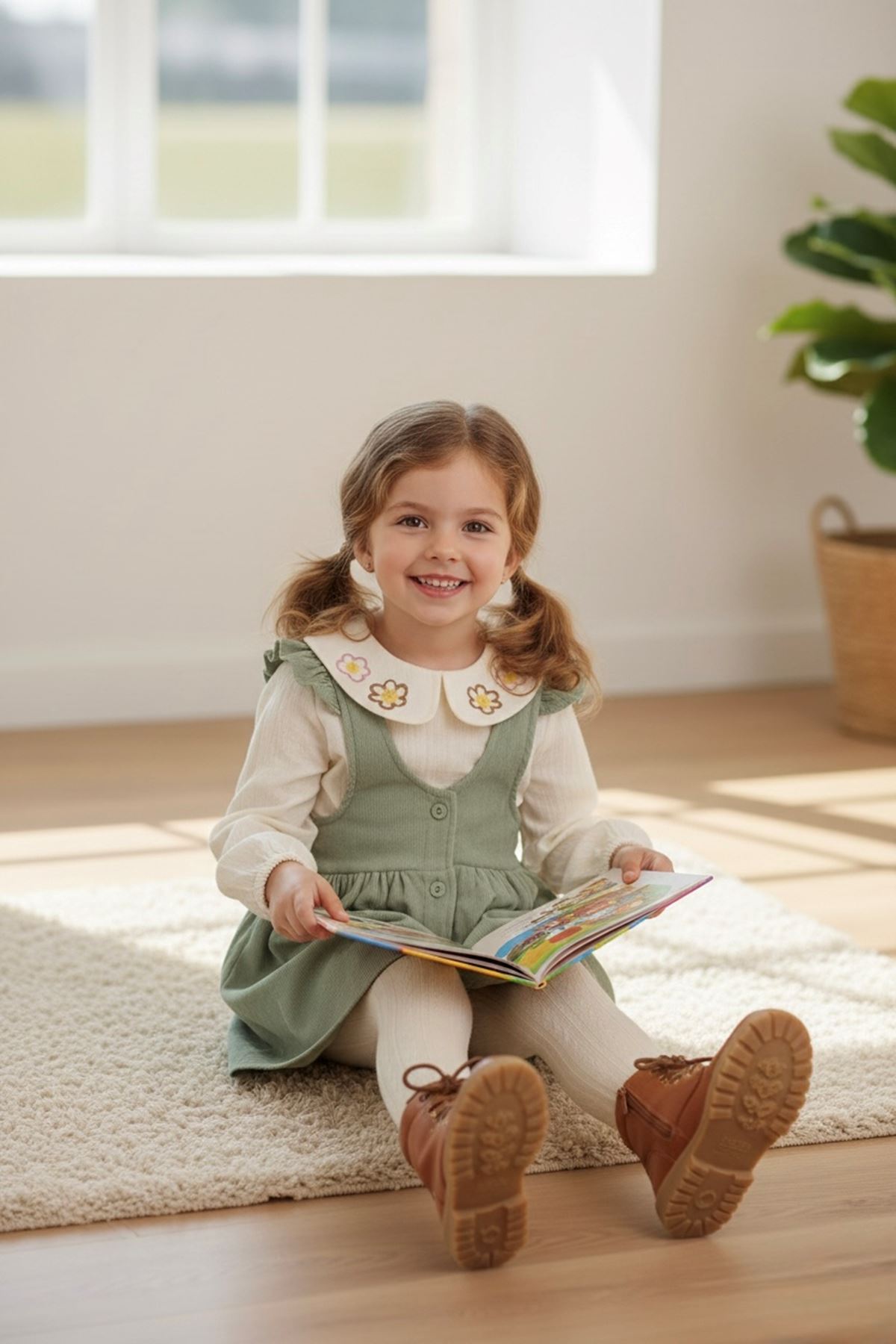 Miniğimin Cicileri Müslim Gömlekli Fitilli Kadife Elbise Takım - Yeşil