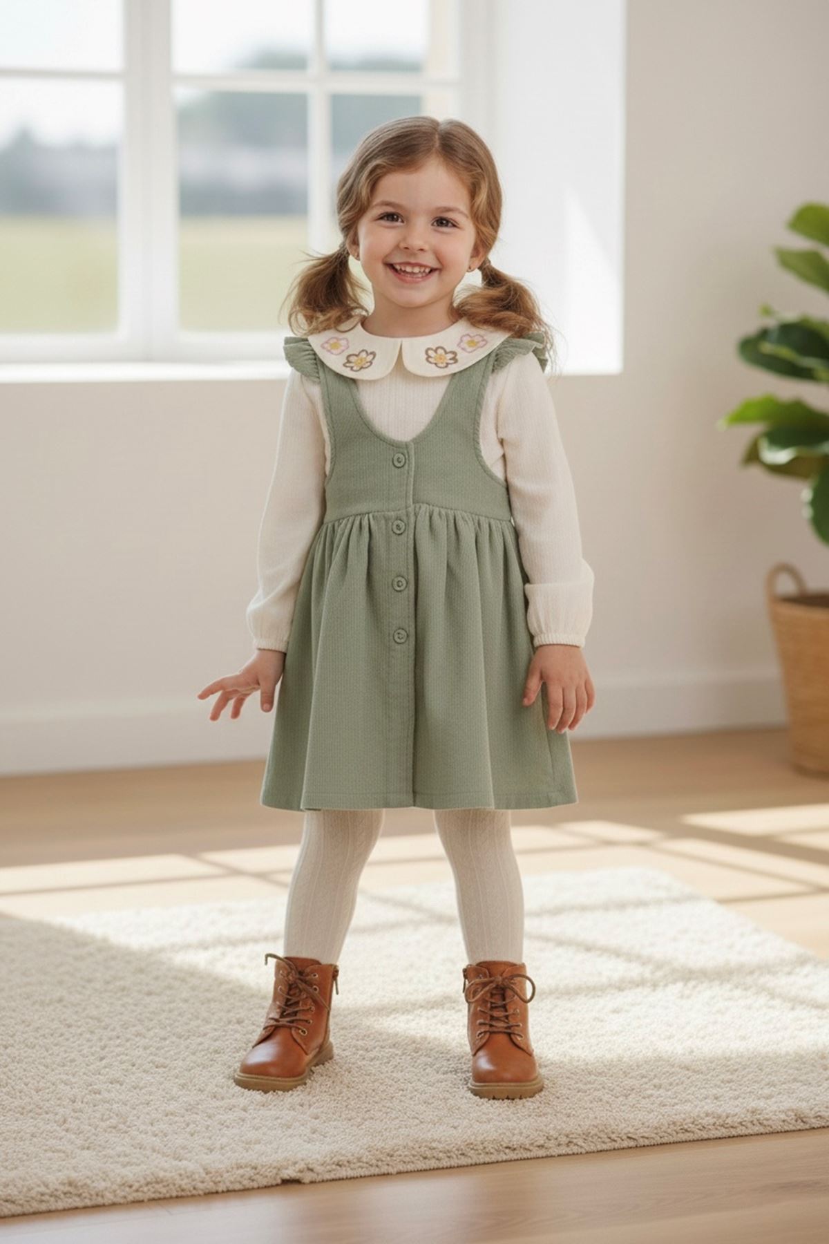 Miniğimin Cicileri Müslim Gömlekli Fitilli Kadife Elbise Takım - Yeşil