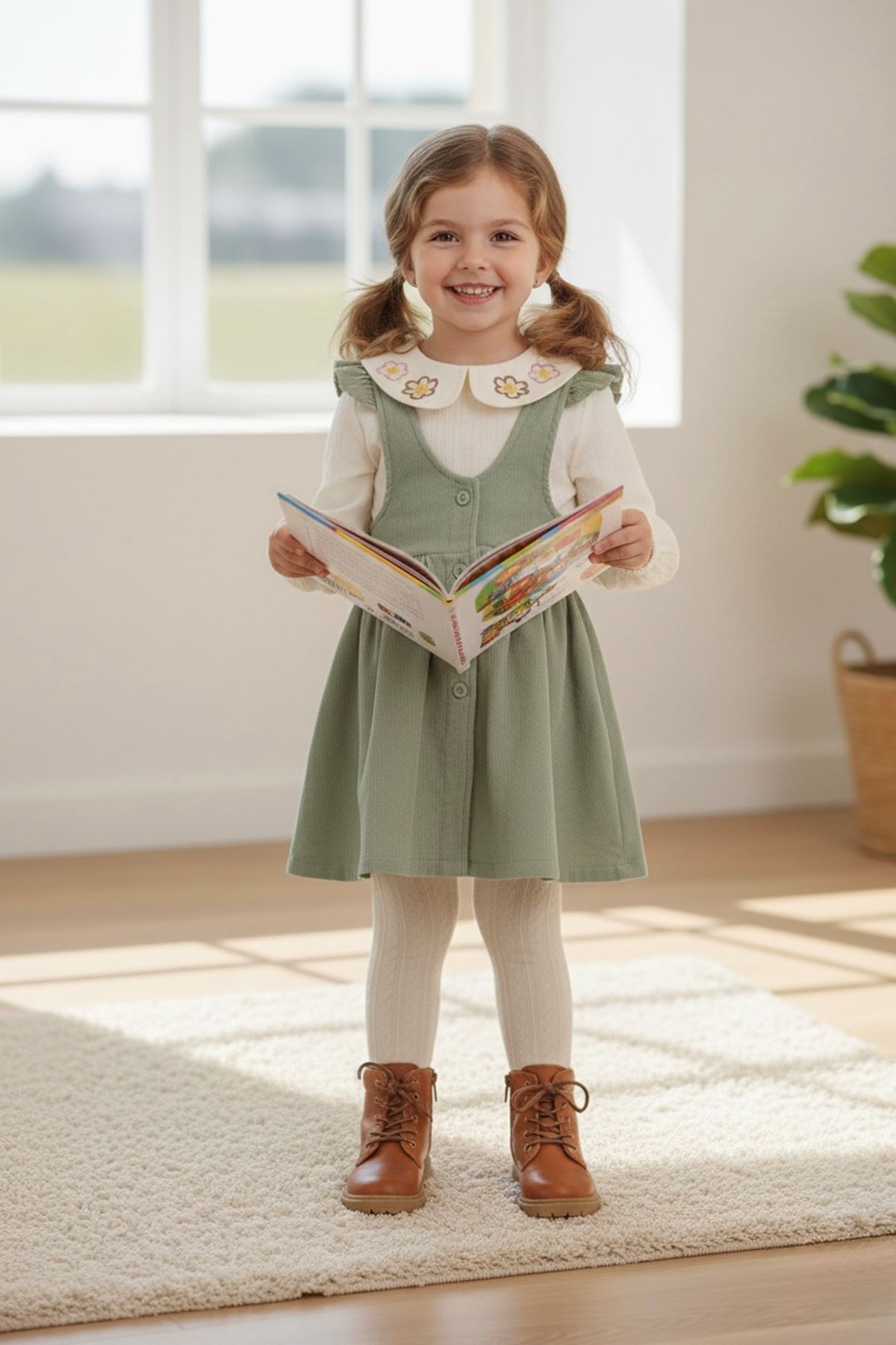 Miniğimin Cicileri Müslim Gömlekli Fitilli Kadife Elbise Takım - Yeşil