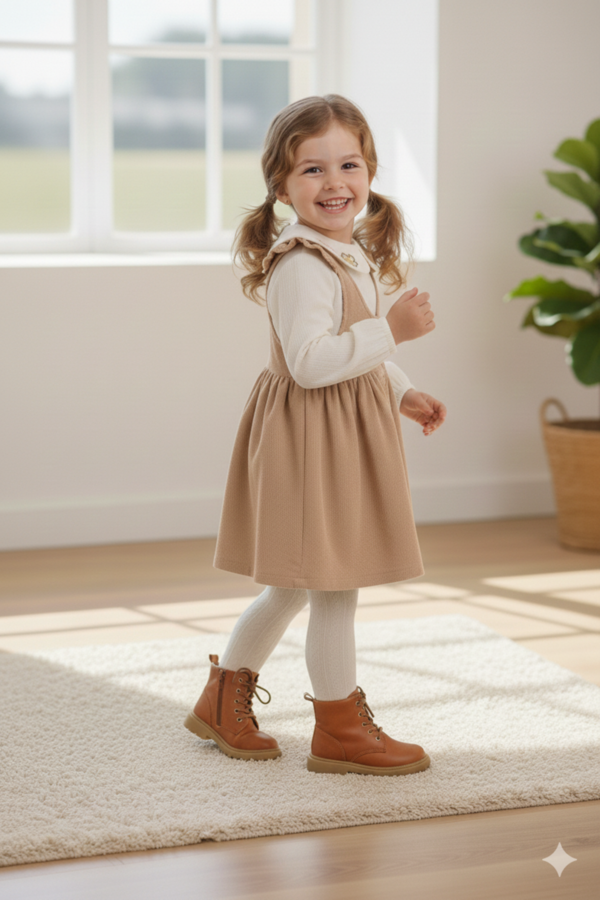 Miniğimin Cicileri Müslim Gömlekli Fitilli Kadife Elbise Takım - Camel