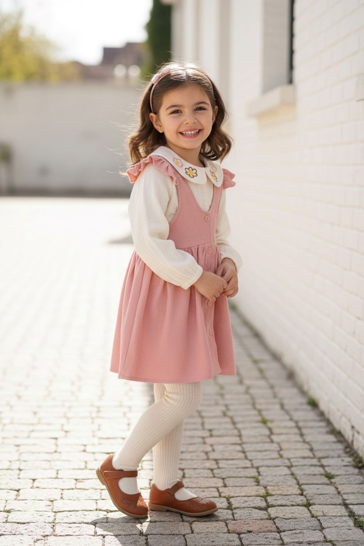 Miniğimin Cicileri Müslim Gömlekli Fitilli Kadife Elbise Takım - Somon