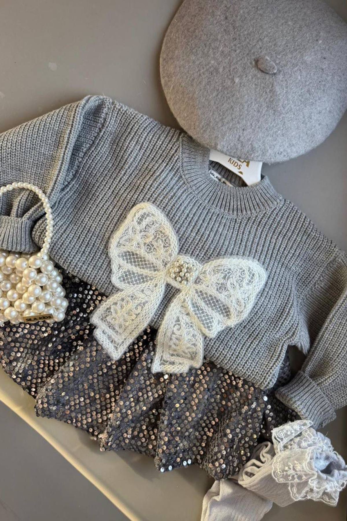 Miniğimin Cicileri Pul Payet Etekli Triko Kız Çocuk 5 li Set - Gri