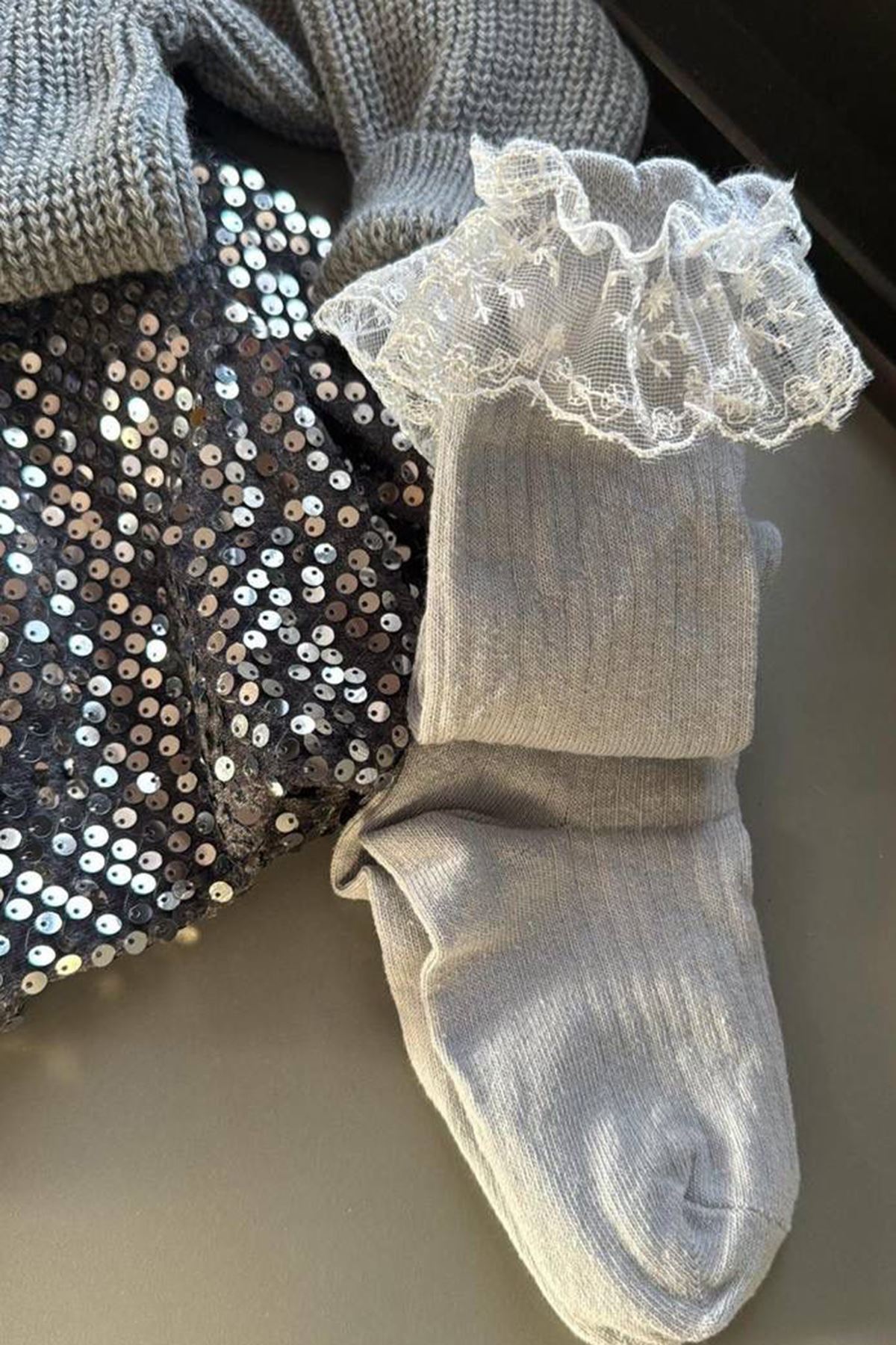 Miniğimin Cicileri Pul Payet Etekli Triko Kız Çocuk 5 li Set - Gri