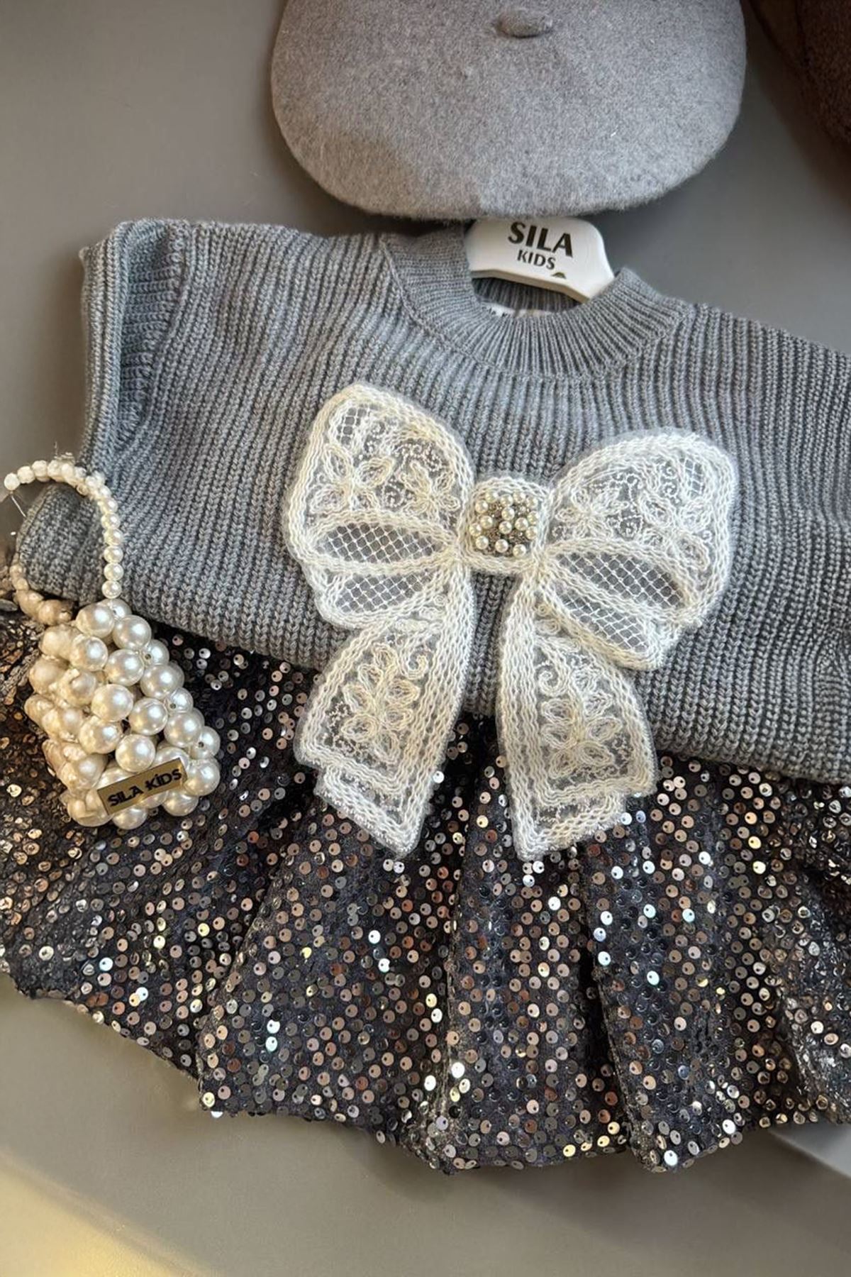 Miniğimin Cicileri Pul Payet Etekli Triko Kız Çocuk 5 li Set - Gri