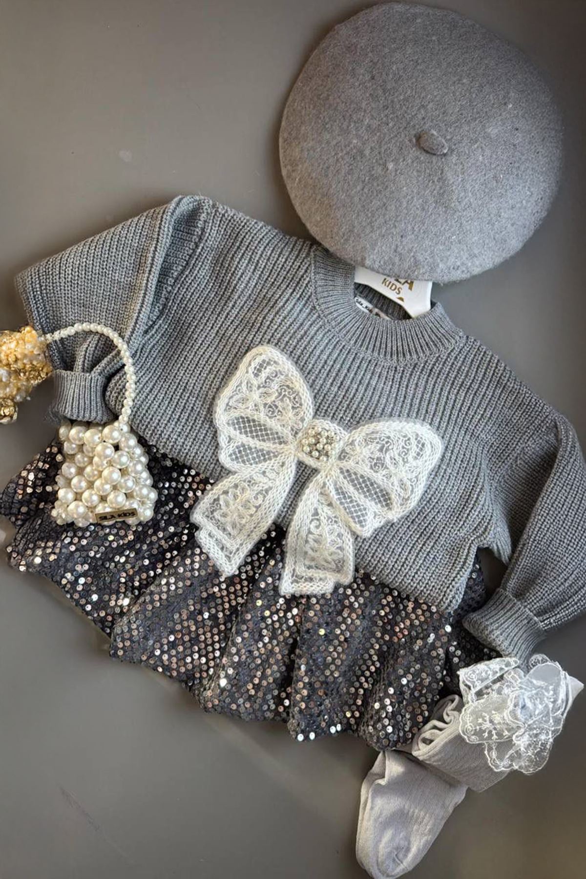 Miniğimin Cicileri Pul Payet Etekli Triko Kız Çocuk 5 li Set - Gri