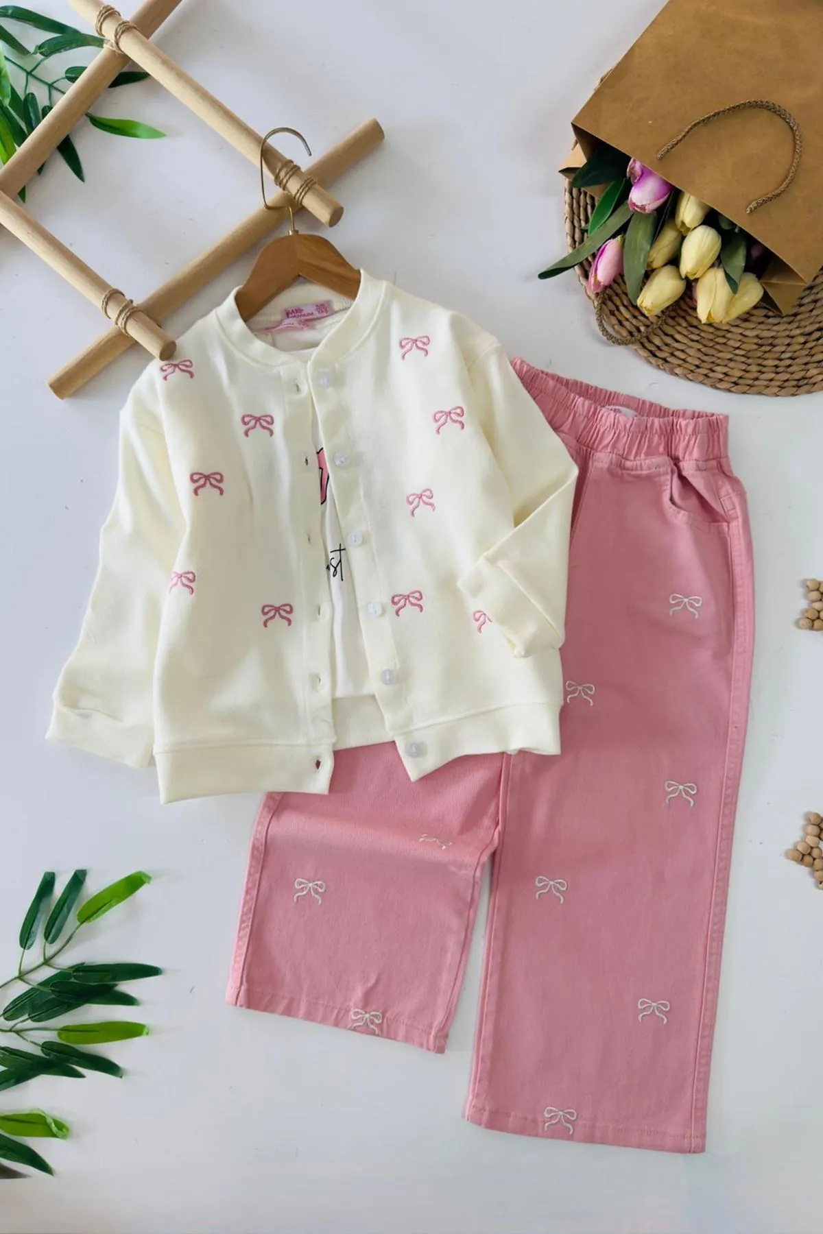 Miniğimin Cicileri Fiyonk İşleme Detaylı Selanik Kız Çocuk 3 lü Takım - Pembe