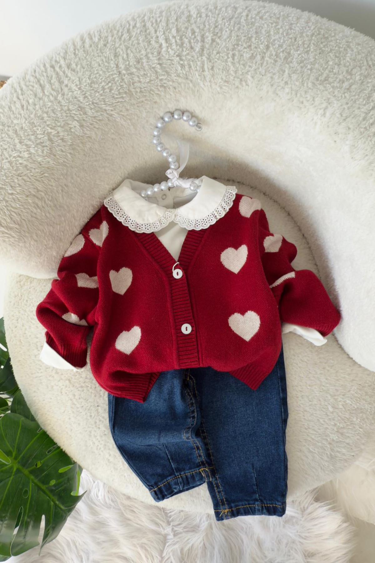 Miniğimin Cicileri Kalpli Triko Hırkalı Pamuklu Kız Bebek 3 lü Takım - Kırmızı