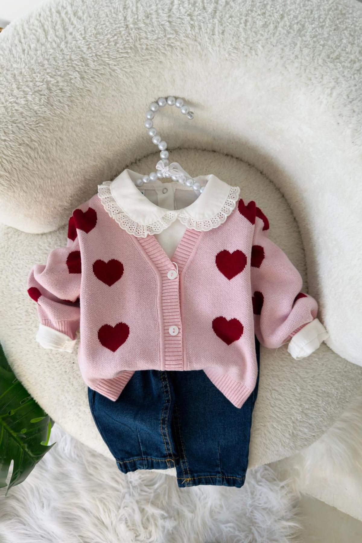 Miniğimin Cicileri Kalpli Triko Hırkalı Pamuklu Kız Bebek 3 lü Takım - Pembe