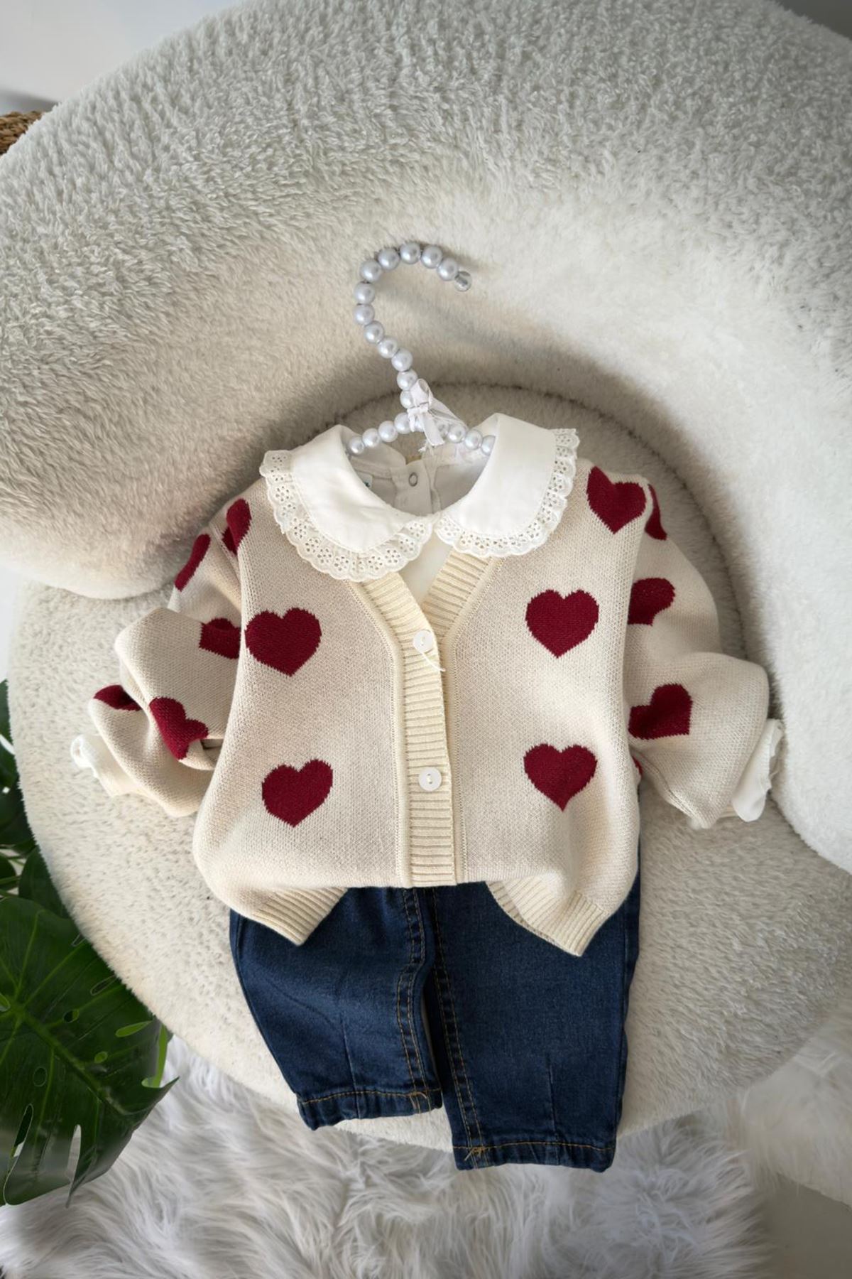 Miniğimin Cicileri Kalpli Triko Hırkalı Pamuklu Kız Bebek 3 lü Takım - Krem