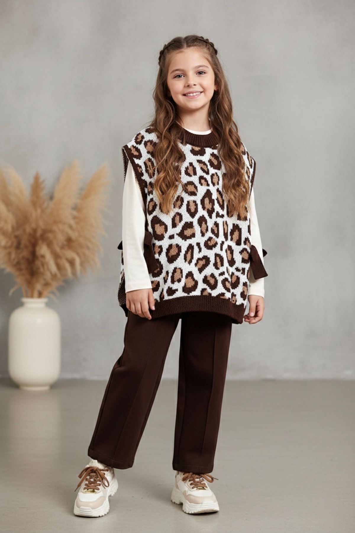 Miniğinin Cicileri Triko Leopar Süveter Kız Çocuk Takım - Kahverengi