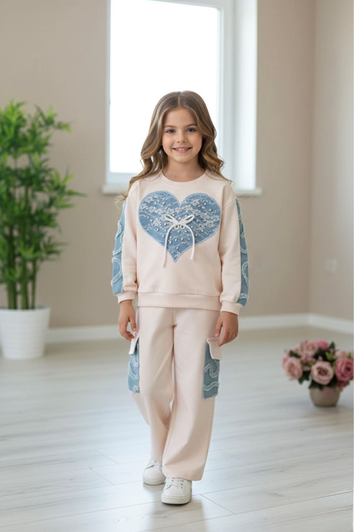 Miniğimin Cicileri Kalp Pul İşleme Detaylı Kargo Cepli Kız Çocuk 2 li Takım - Podra