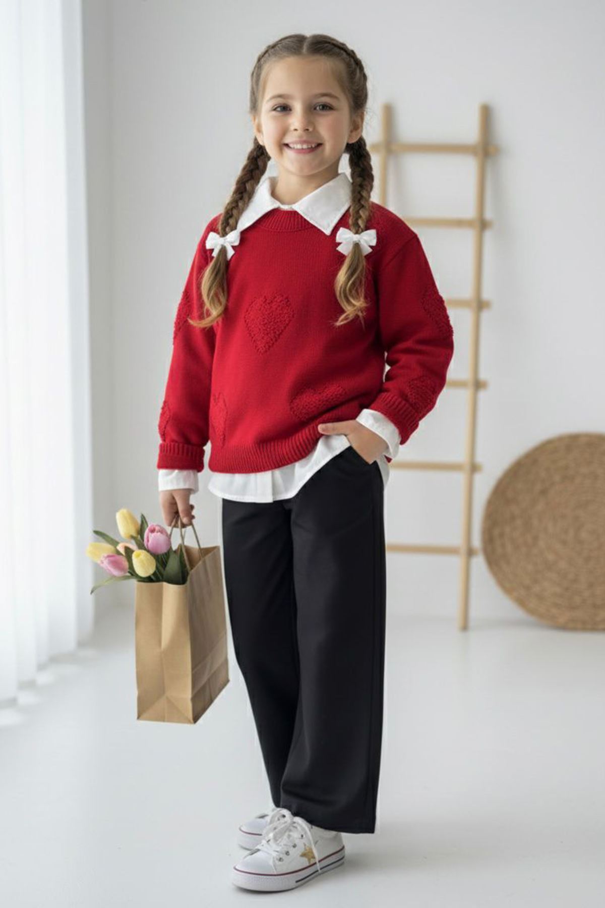 Miniğimin Cicileri Kalp Detaylı Triko Kazak ve Gömlekli Kız Çocuk 3 lü Takım - Kırmızı