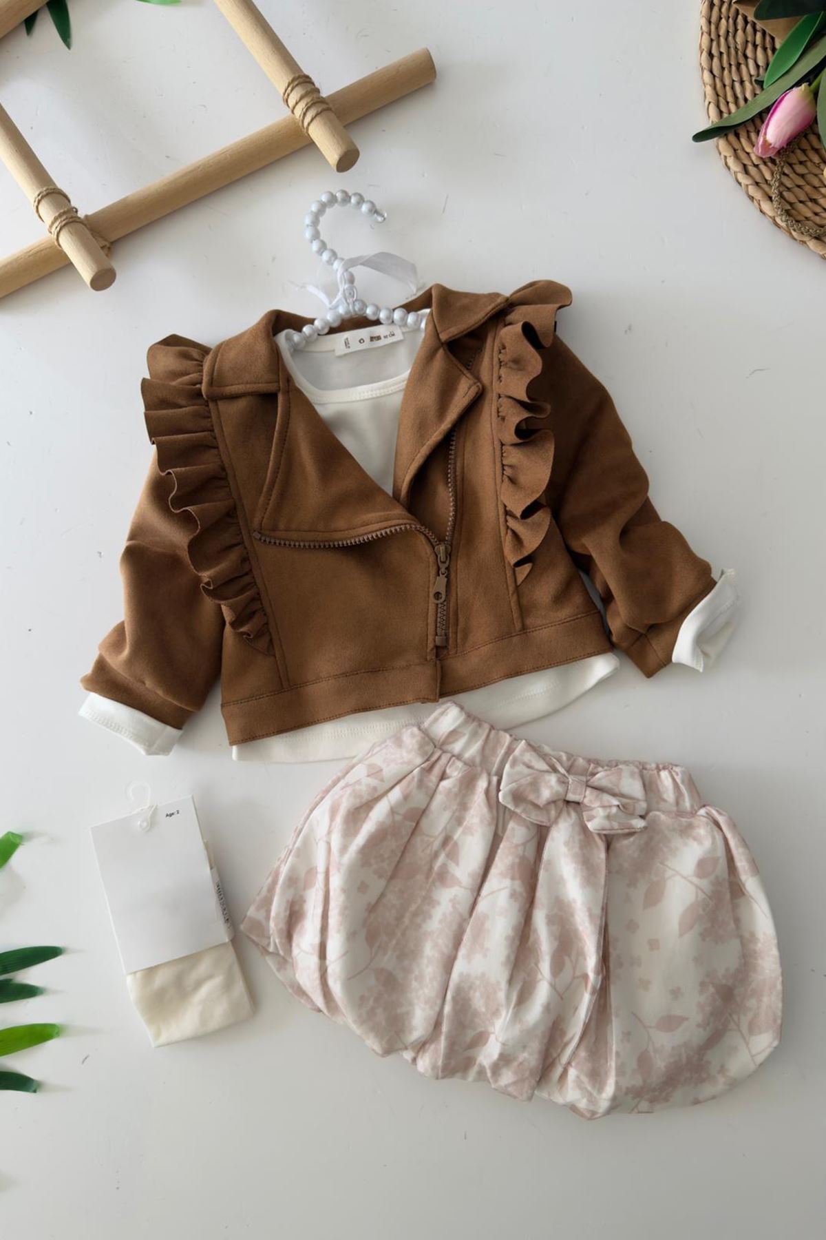 Miniğimin Cicileri Süet Ceketli Balon Etek 4 lü Kız Çocuk Takım - Kahverengi