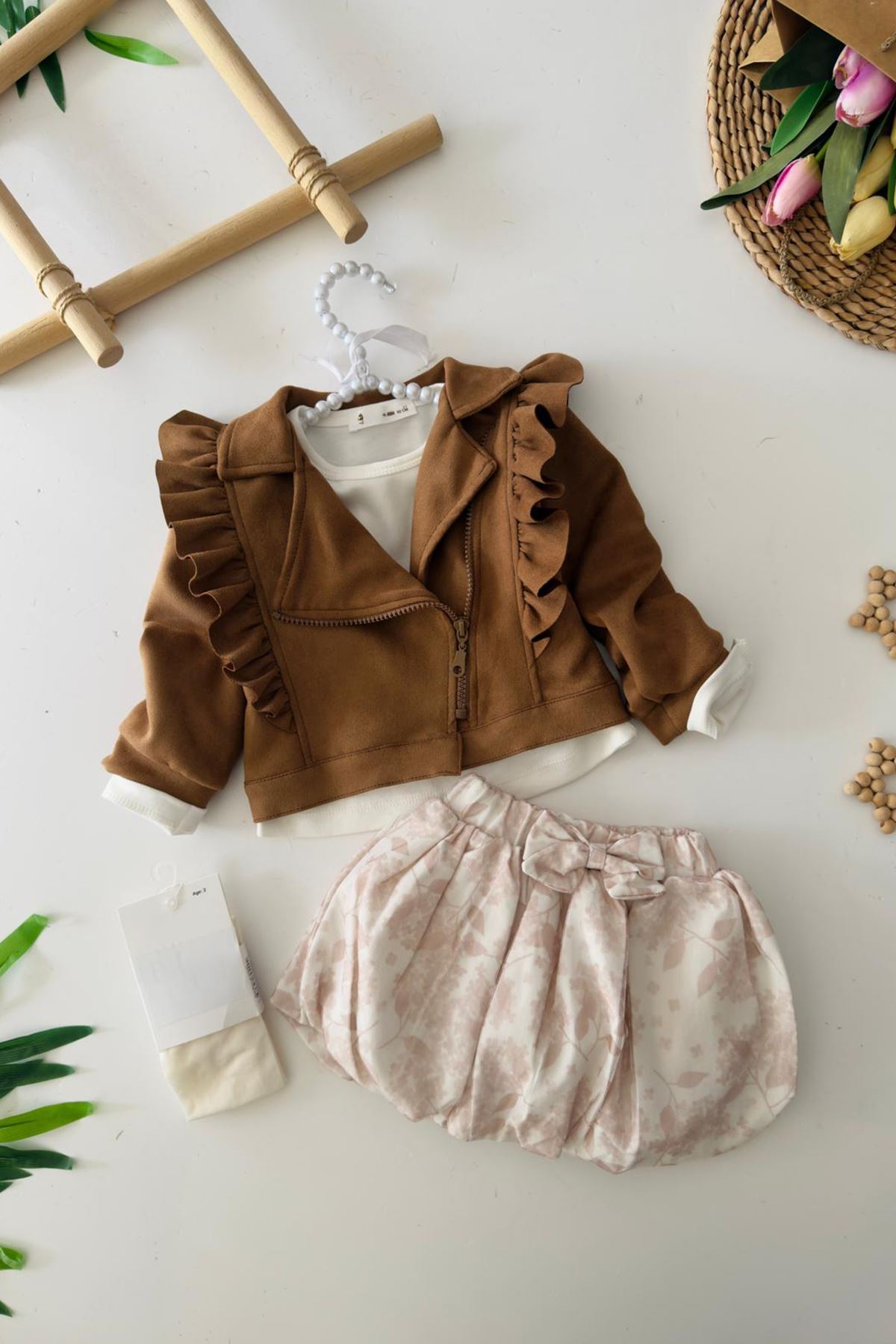 Miniğimin Cicileri Süet Ceketli Balon Etek 4 lü Kız Çocuk Takım - Kahverengi
