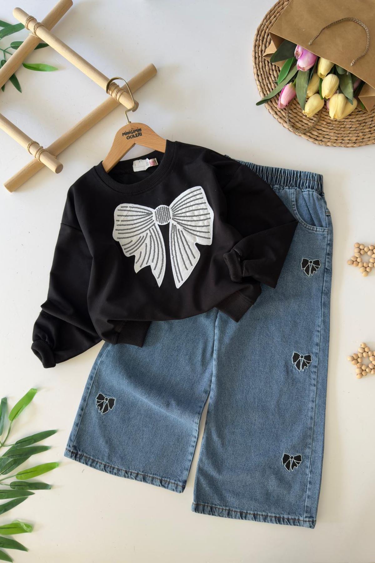 Miniğimin Cicileri Pullu Fiyonk İşleme Detaylı Kız Çocuk 2 li Takım - Siyah