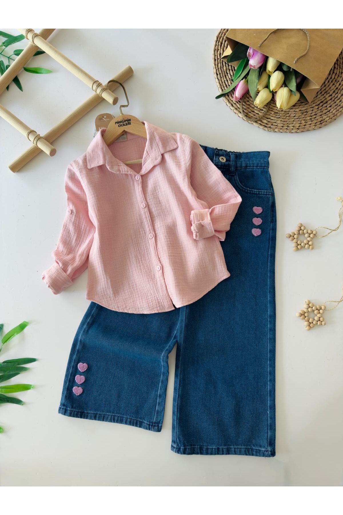 Miniğimin Cicileri Kalp Detaylı Şişme Yelekli Kız Çocuk Müslin Gömlekli 3 lü Takım - Pembe