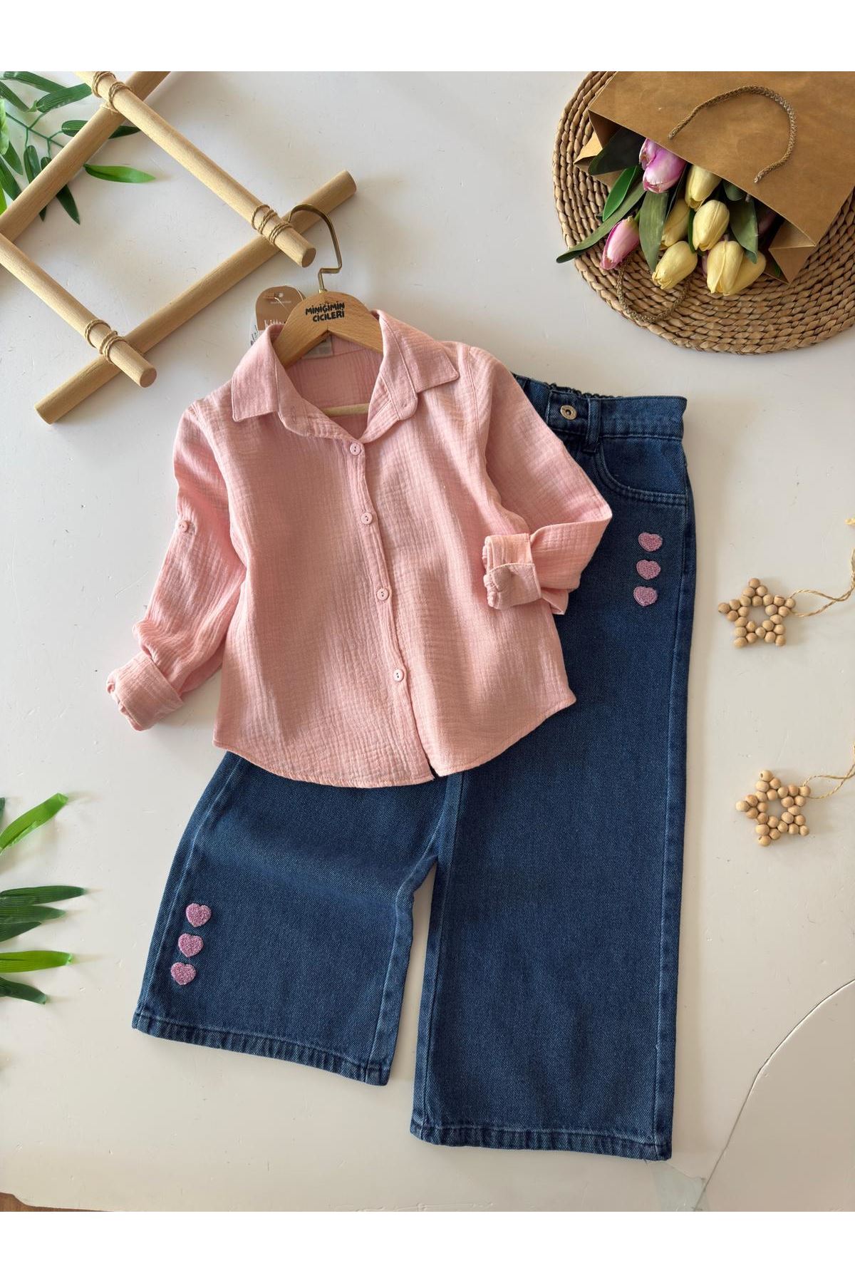 Miniğimin Cicileri Kalp Detaylı Şişme Yelekli Kız Çocuk Müslin Gömlekli 3 lü Takım - Pembe