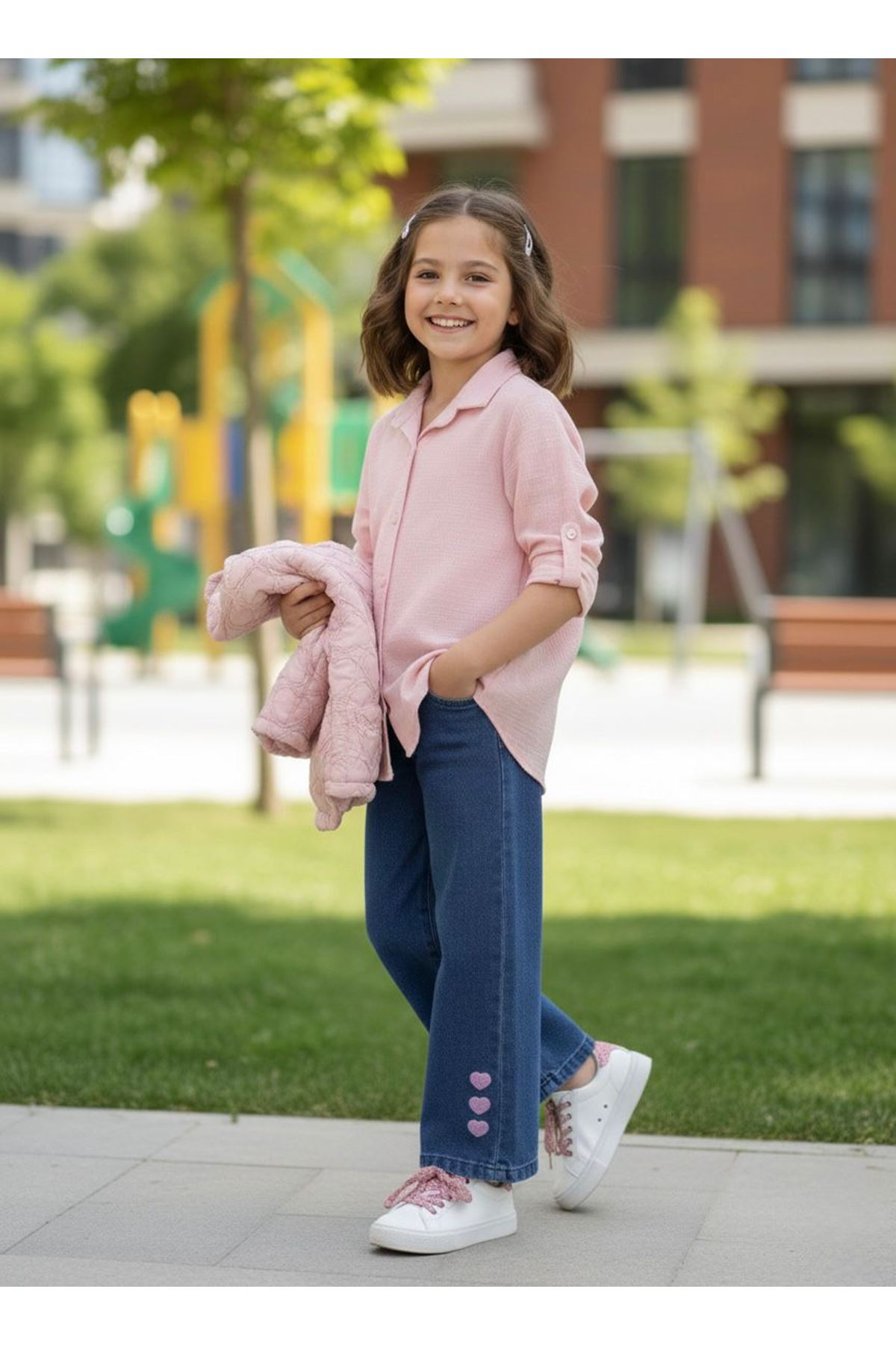 Miniğimin Cicileri Kalp Detaylı Şişme Yelekli Kız Çocuk Müslin Gömlekli 3 lü Takım - Pembe