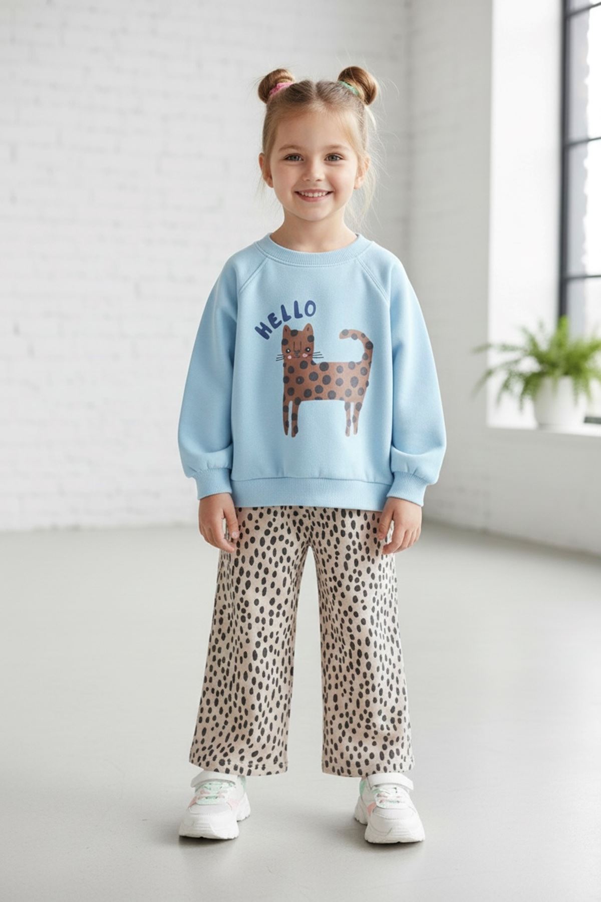 Miniğimin Cicileri Hello Kedi Desenli Kız Çocuk 2 li Takım - Açık Mavi