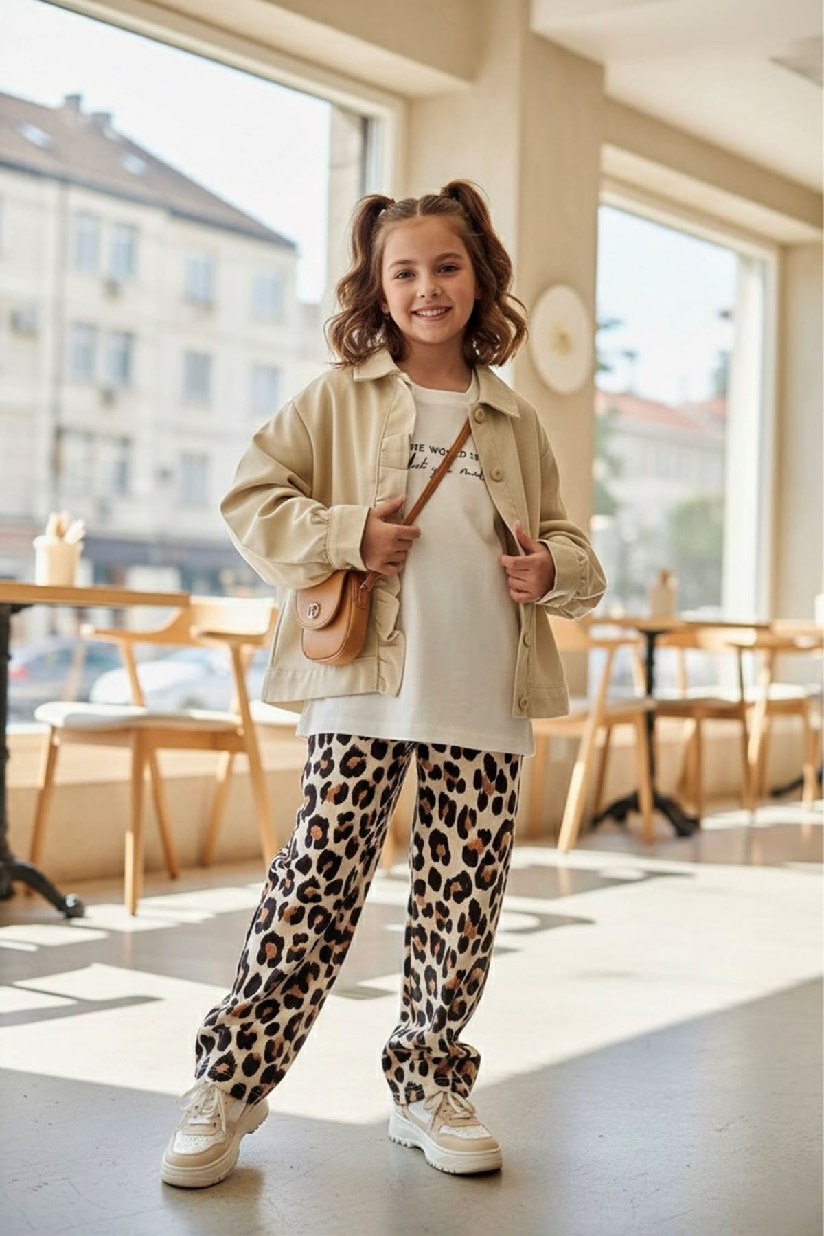 Miniğimin Cicileri Fırfır Detaylı Leopar Pamuk Gabardin 3 lü Kız Çocuk Takım - Taş