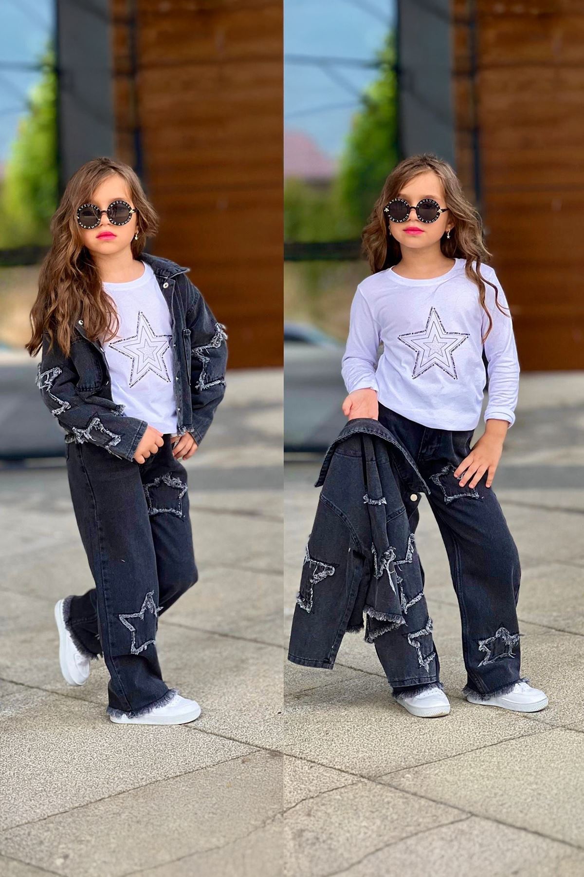 Miniğimin Cicileri Yıldız Nakışlı Kot 3 lü Kız Çocuk Takım - Siyah