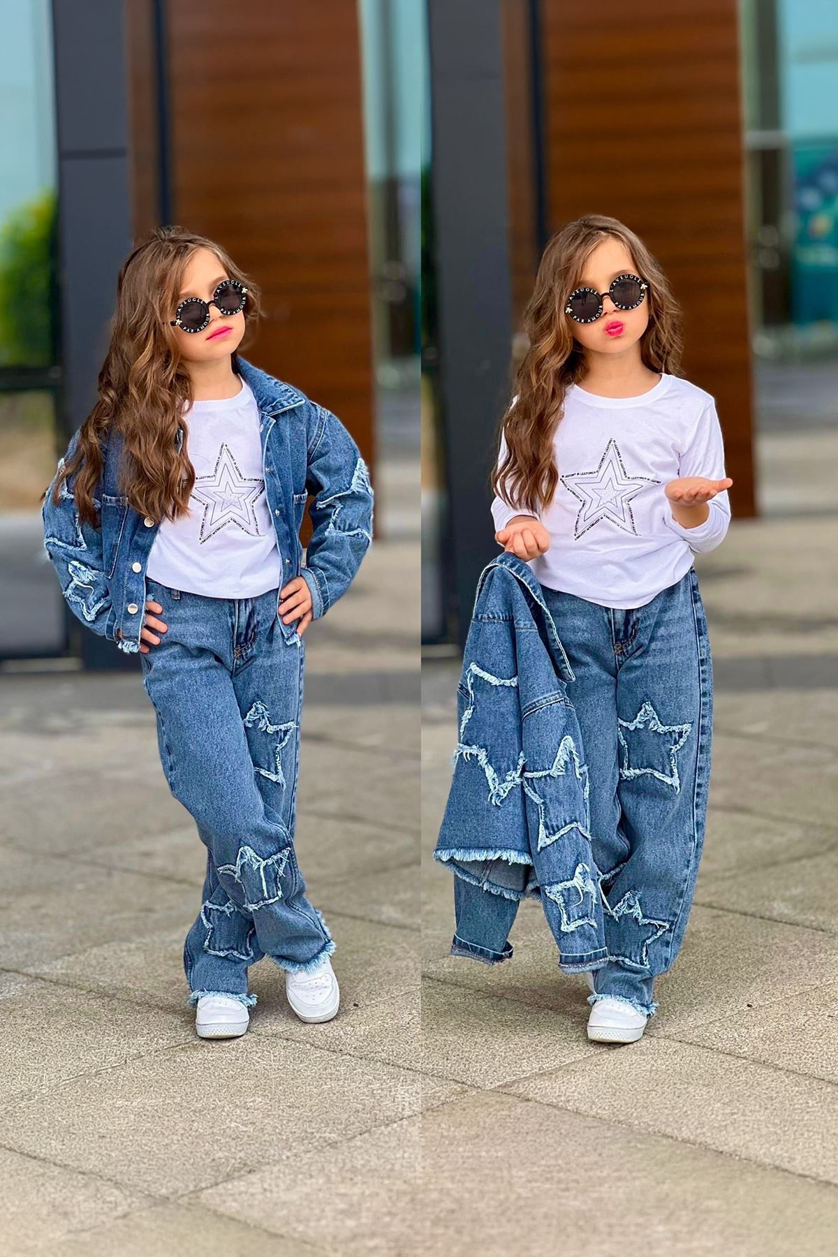 Miniğimin Cicileri Yıldız Nakışlı Kot 3 lü Kız Çocuk Takım - Mavi