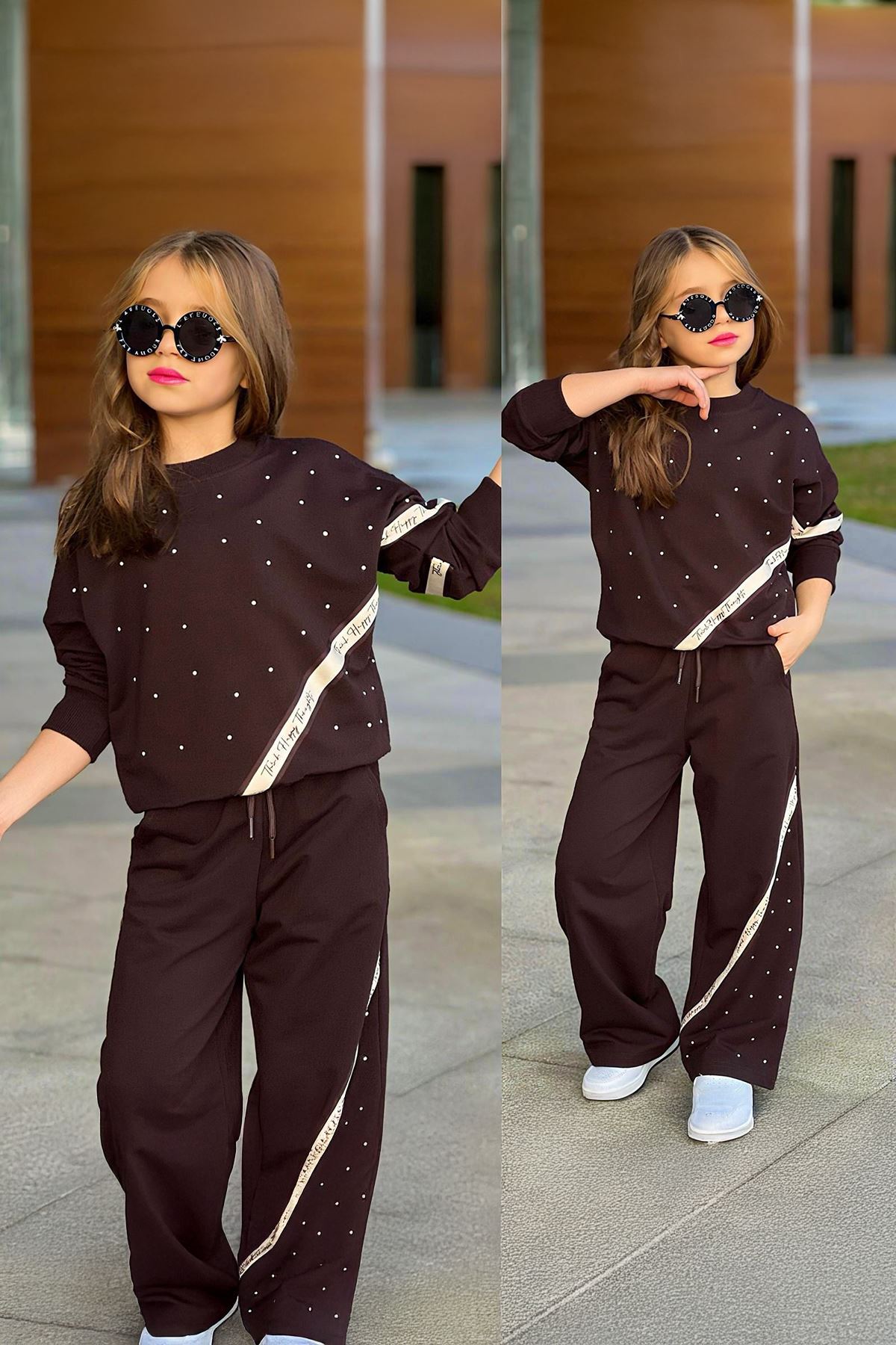 Miniğimin Cicileri Think Şeritli Taşlı 2 lü Kız Çocuk Takım - Kahverengi