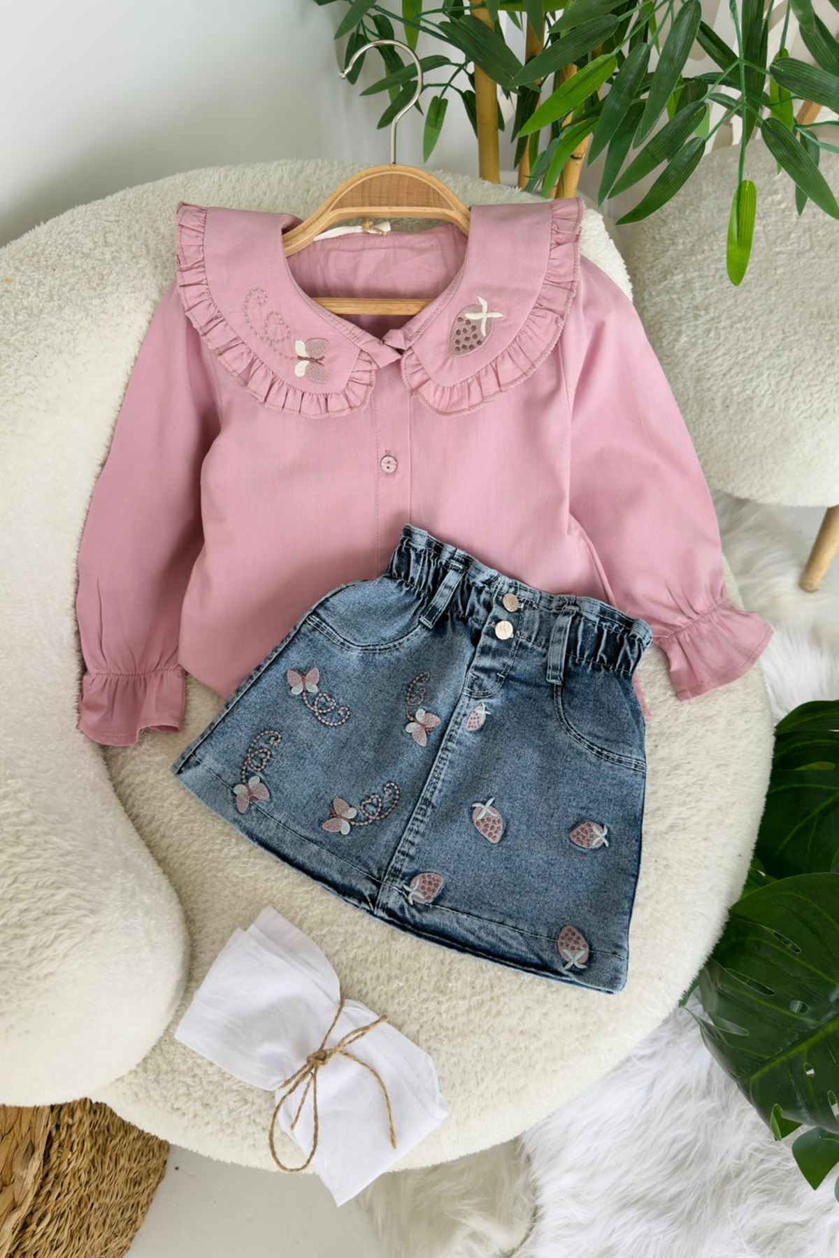 Miniğimin Cicileri Çilek İşleme Detaylı Kot Etekli 3 lü Takım - Gül Kurusu