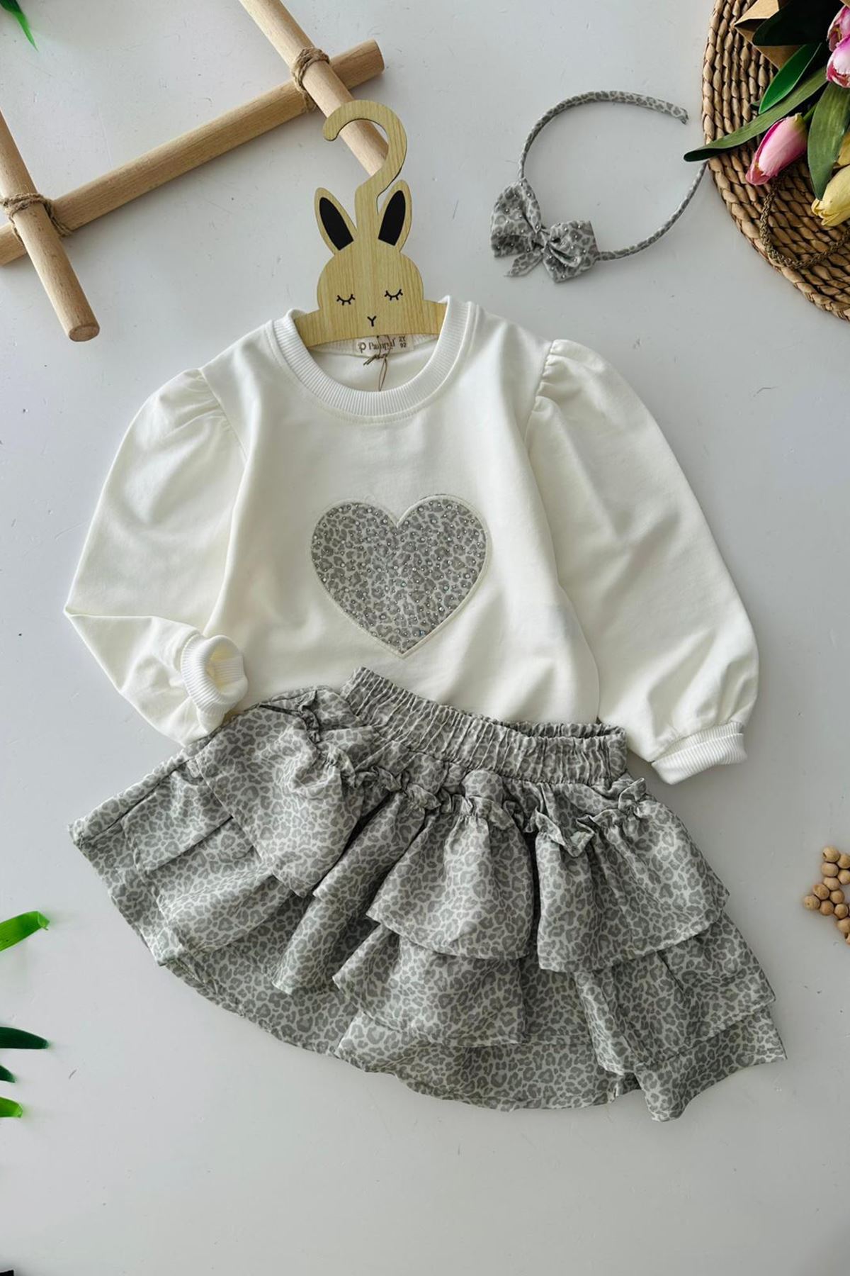 Miniğimin Cicileri Leopar Etekli Kalp Desenli Kız Çocuk Takım - Yeşil
