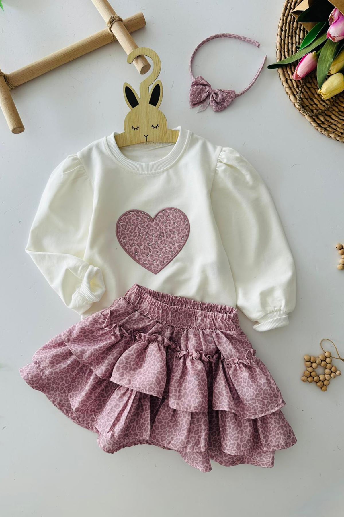 Miniğimin Cicileri Leopar Etekli Kalp Desenli Kız Çocuk Takım - Pembe