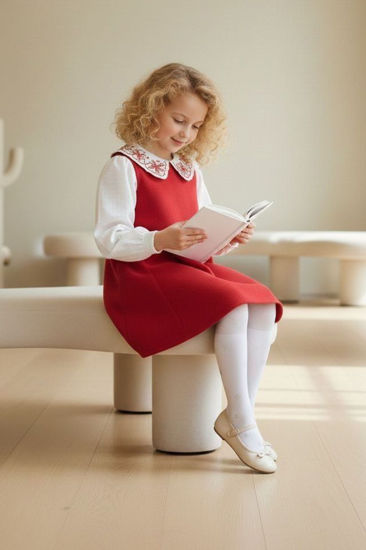 Miniğimin Cicileri Kaşe Asimetrik Kesim Çiçek İşleme Detaylı 2 li Elbise Takım -Kırmızı