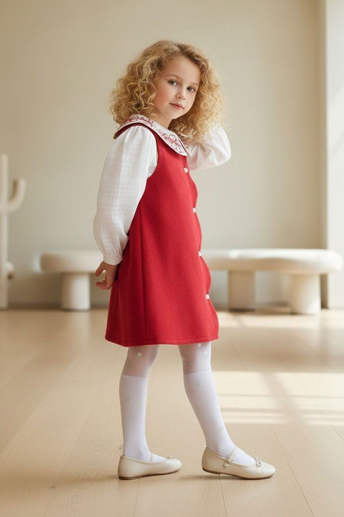 Miniğimin Cicileri Kaşe Asimetrik Kesim Çiçek İşleme Detaylı 2 li Elbise Takım -Kırmızı