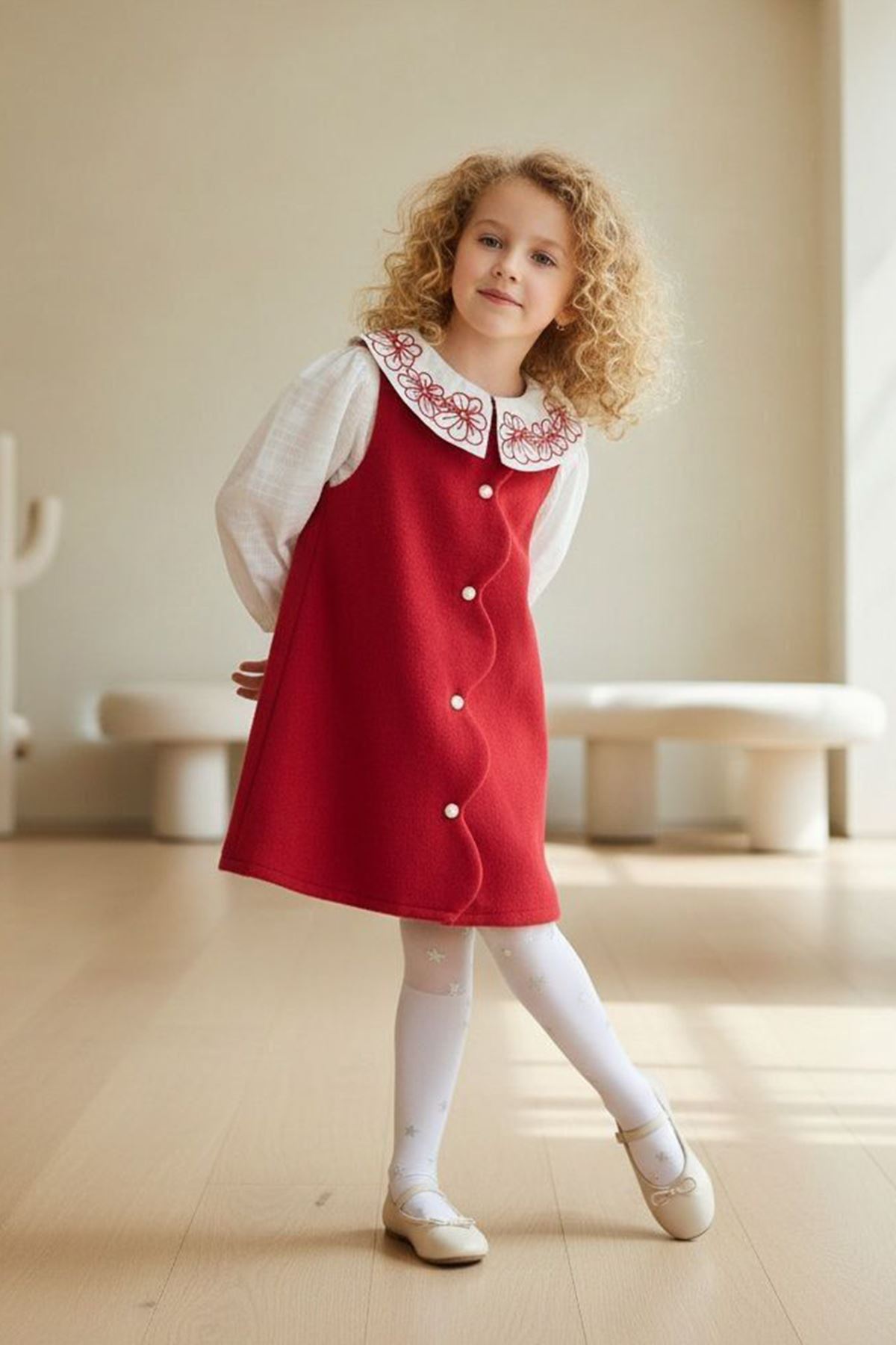 Miniğimin Cicileri Kaşe Asimetrik Kesim Çiçek İşleme Detaylı 2 li Elbise Takım -Kırmızı