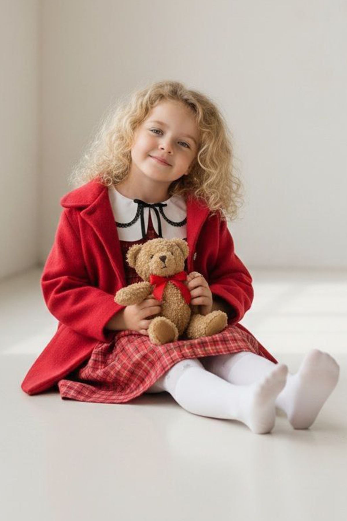 Miniğimin Cicileri Kaşe Kabanlı Kız Çocuk Ekose Elbise Takım - Kırmızı