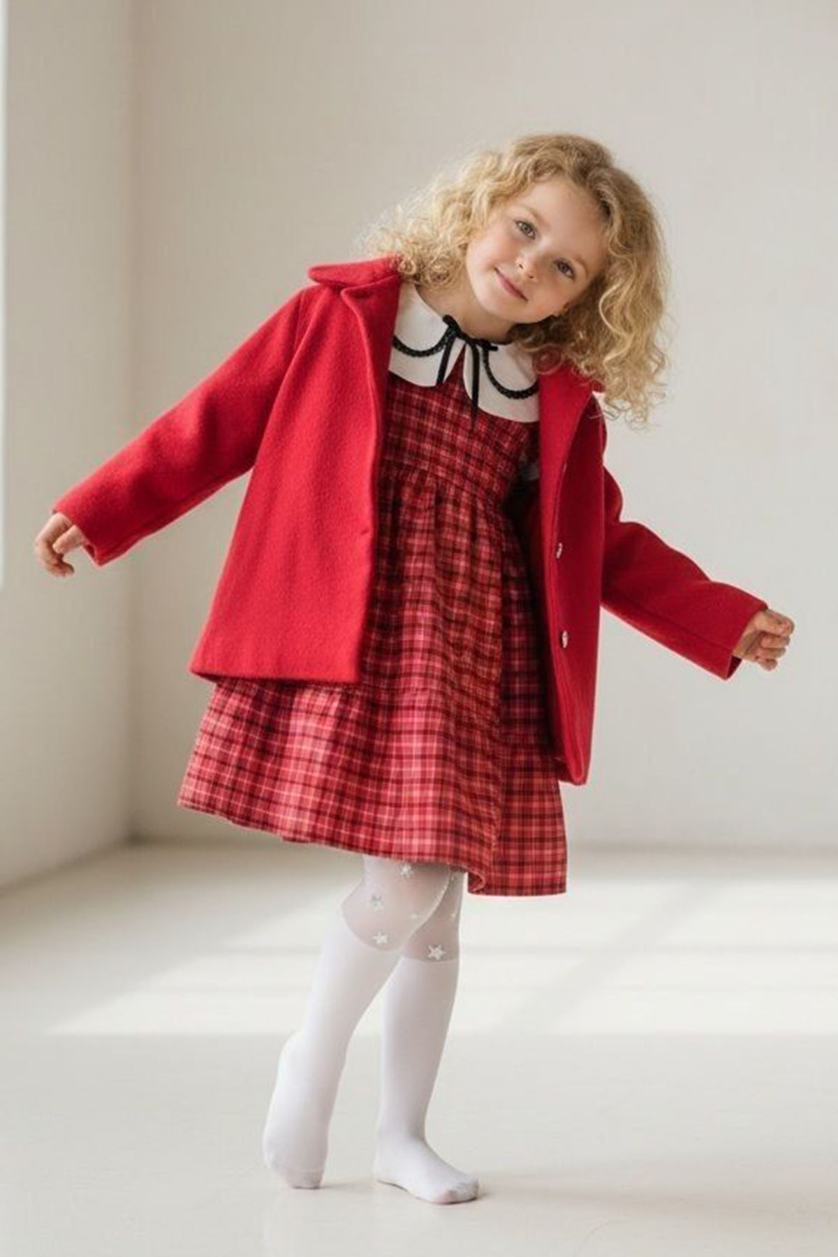 Miniğimin Cicileri Kaşe Kabanlı Kız Çocuk Ekose Elbise Takım - Kırmızı