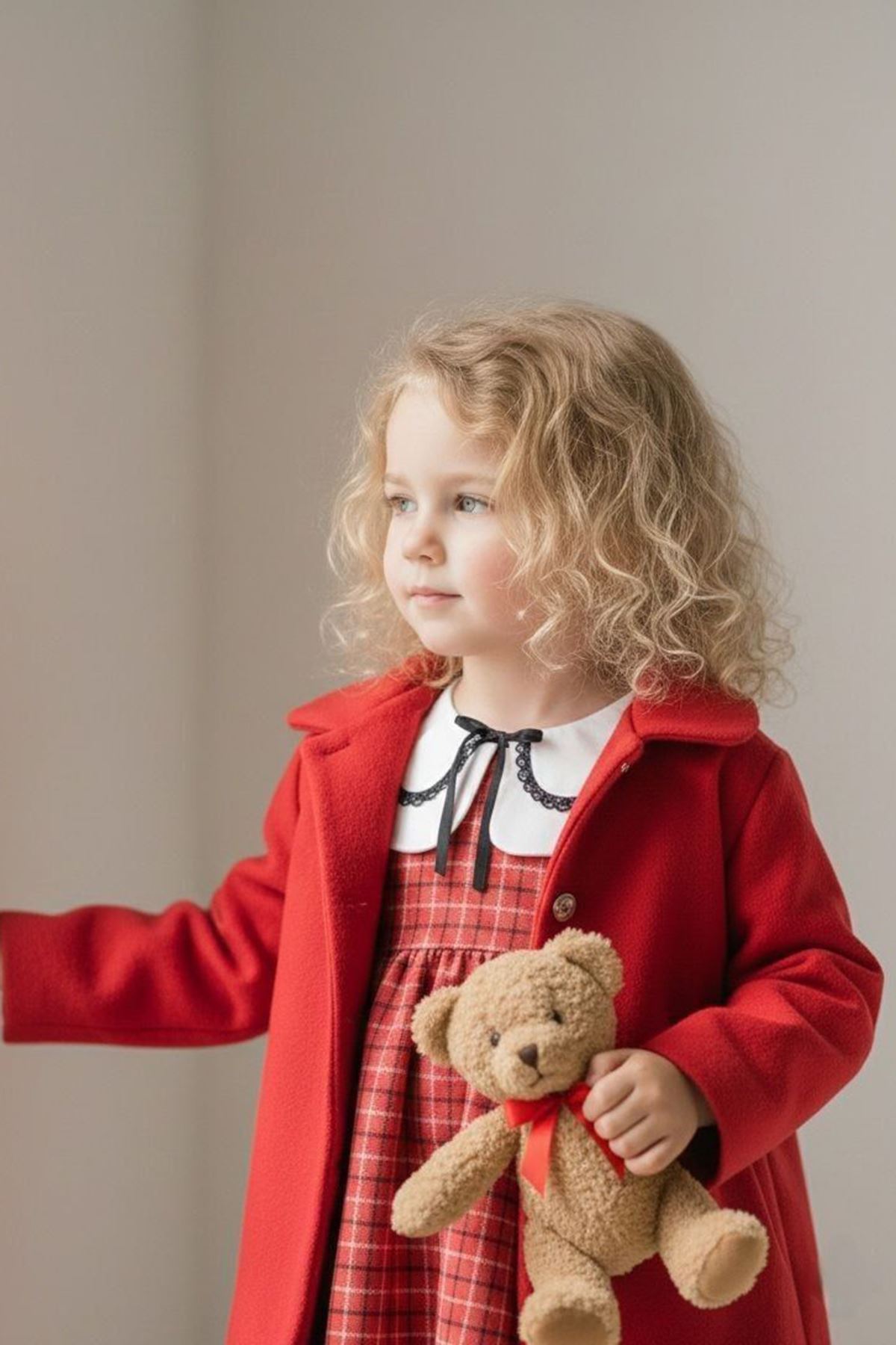 Miniğimin Cicileri Kaşe Kabanlı Kız Çocuk Ekose Elbise Takım - Kırmızı