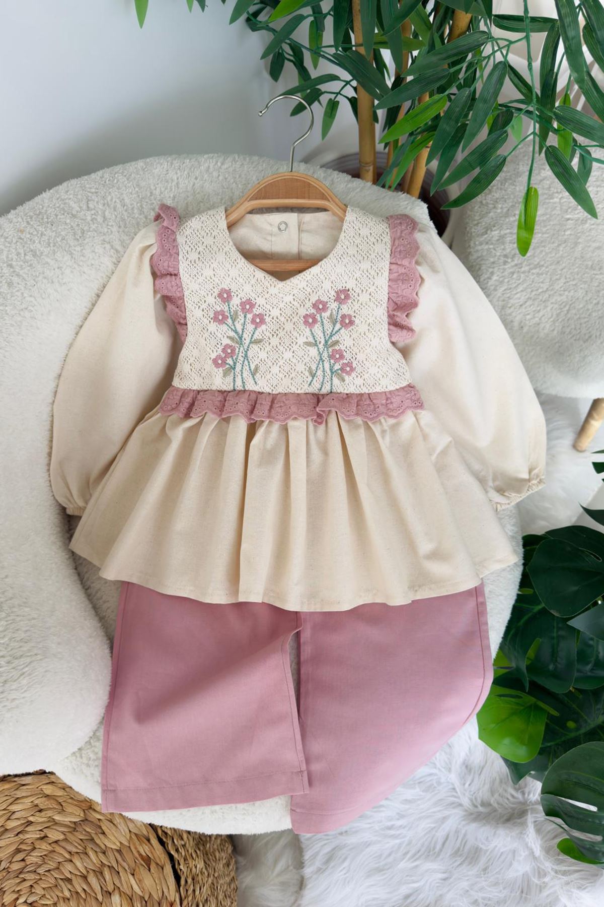 Miniğimin Cicileri Fistolu Çiçek Dantel Detaylı Vintage Kız Çocuk 2 li Takım - Gül Kurusu