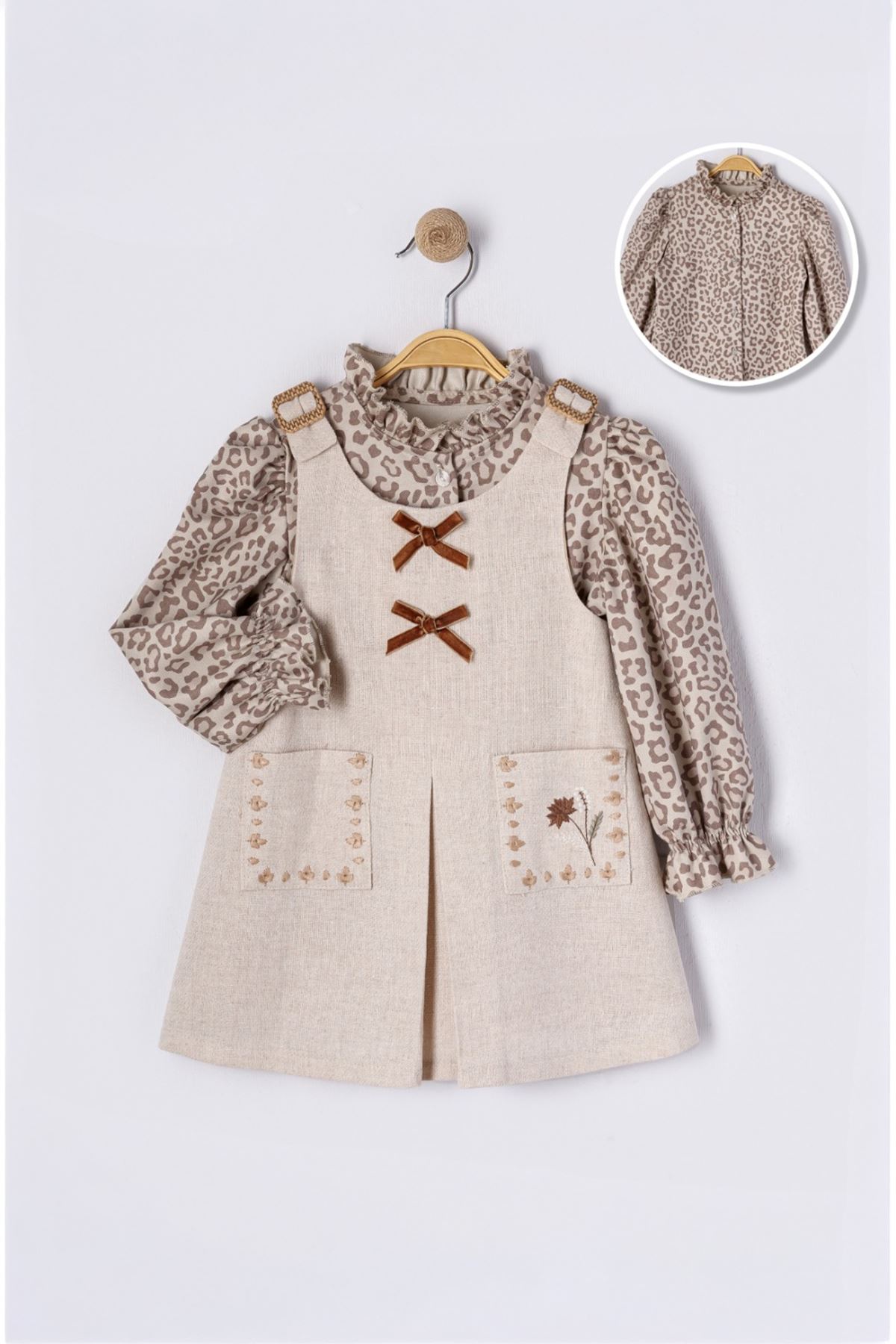 Miniğimin Cicileri Leopar Gömlekli Pamuklu Kız Çocuk Elbise Takım - Bej