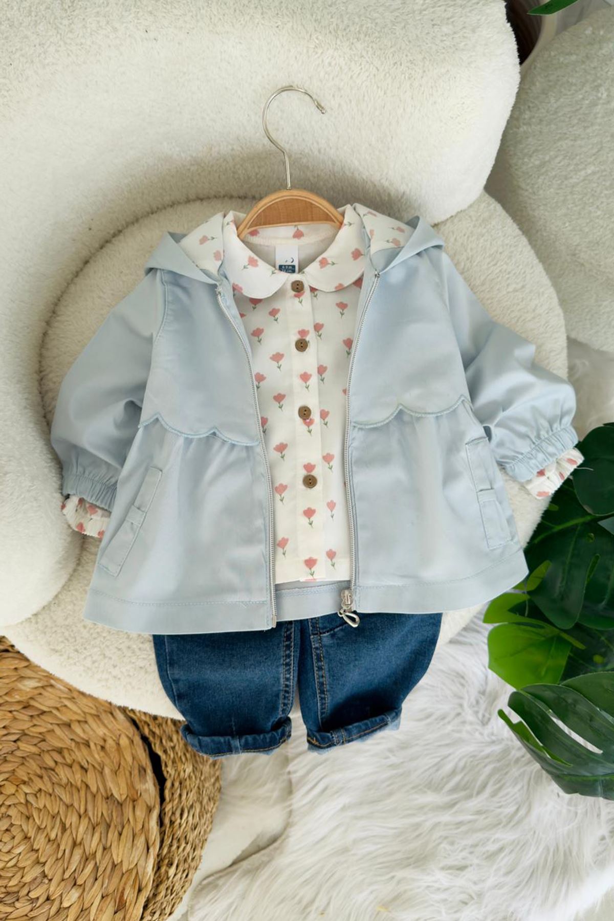 Miniğimin Cicileri Lale Desenli Gömlekli Kapüşonlu Ceketli Kız Bebek 3 lü Takım - Bebe Mavi