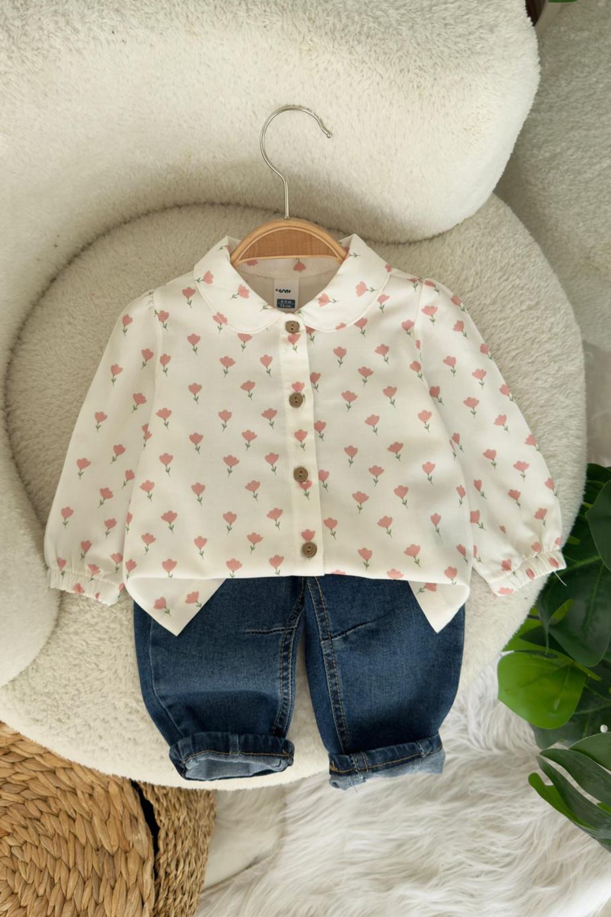 Miniğimin Cicileri Lale Desenli Gömlekli Kapüşonlu Ceketli Kız Bebek 3 lü Takım - Krem