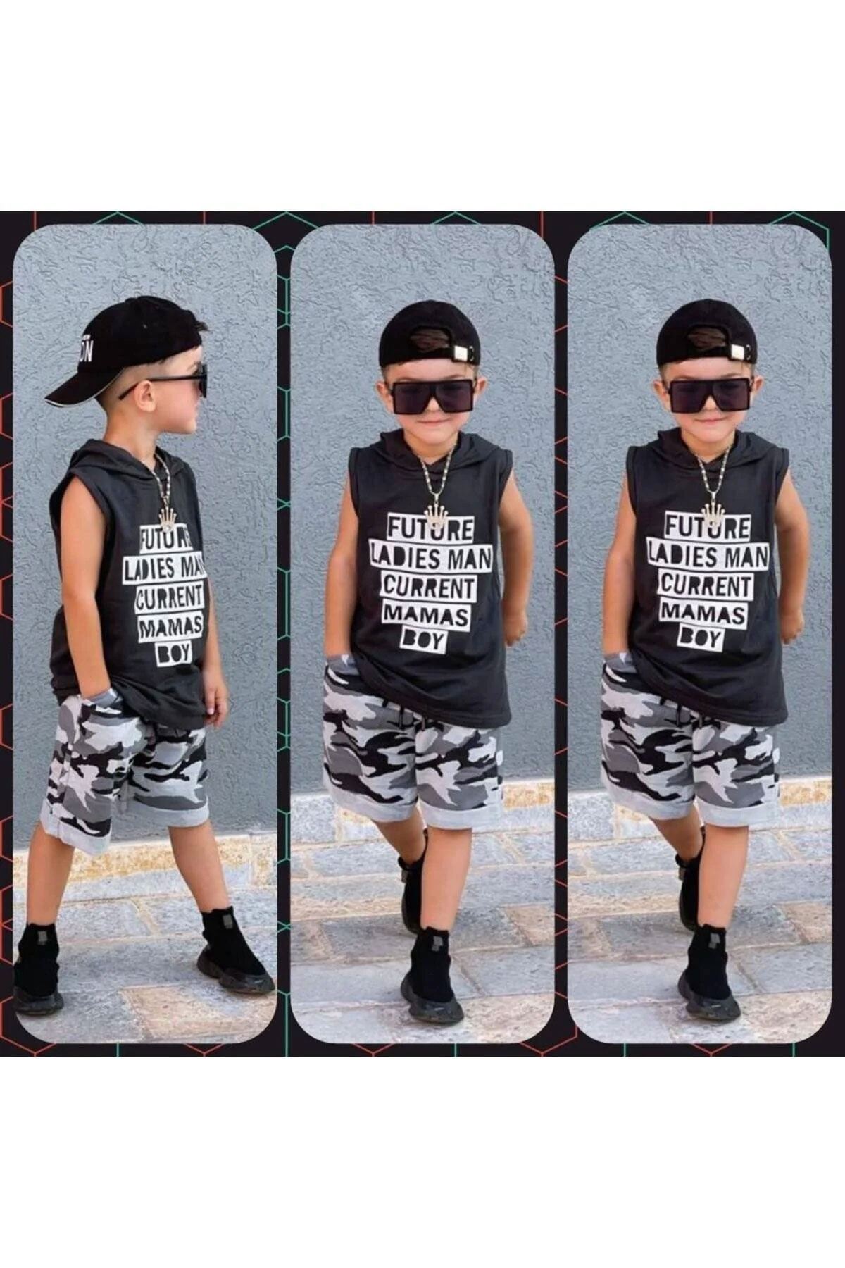 1/8 Mamas Boy Kapüşonlu Erkek Çocuk Şortlu siyah takım