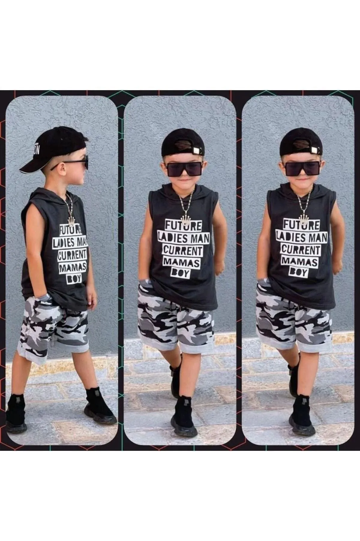 1/8 Mamas Boy Kapüşonlu Erkek Çocuk Şortlu siyah takım