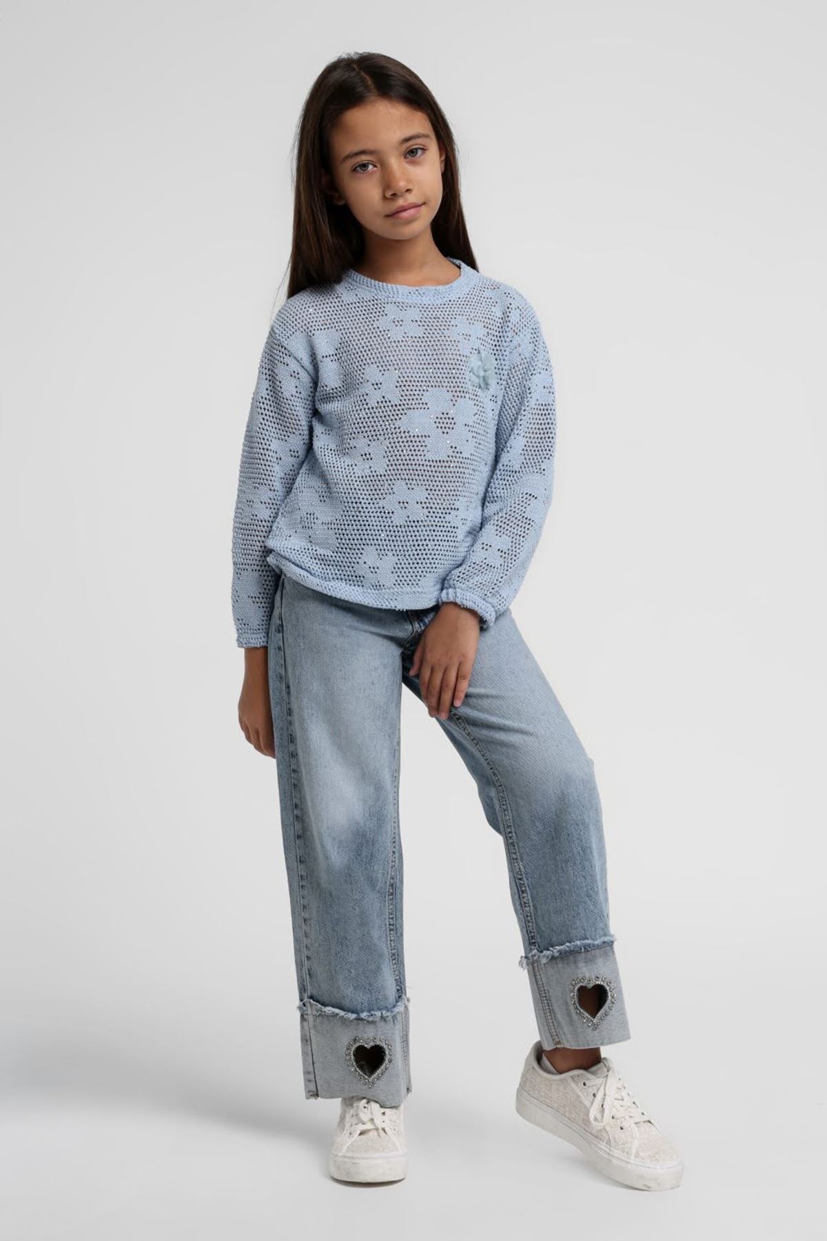 Miniğimin Cicileri File Taşlı Kalp Detaylı Kot Pantolonlu 2 li Takım - Mavi