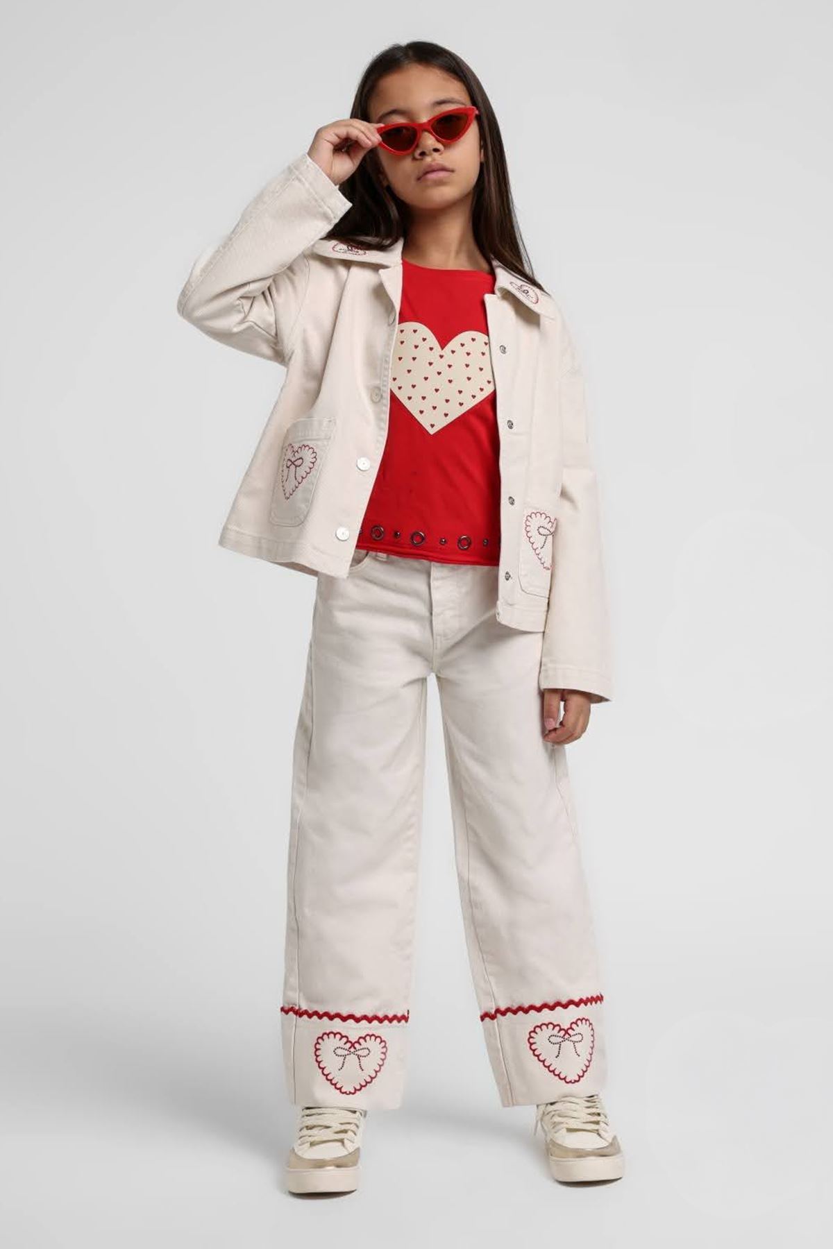 Minigimin Cicileri Kalp Nakış İşlemeli Taş Detaylı Pantolonlu 3 lü kız takım - Krem